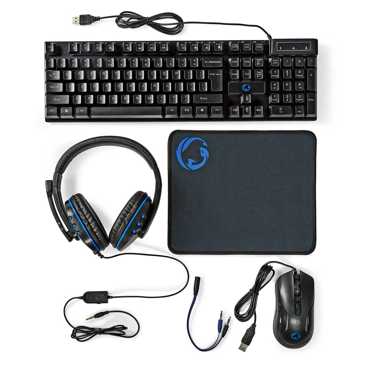 Clavier, souris, casque et tapis de souris avec logo bleu, pour le jeu.