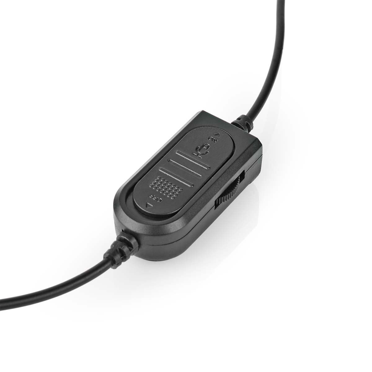 Une télécommande en ligne noire pour casque. Elle a des boutons et un curseur de volume, et un cordon.