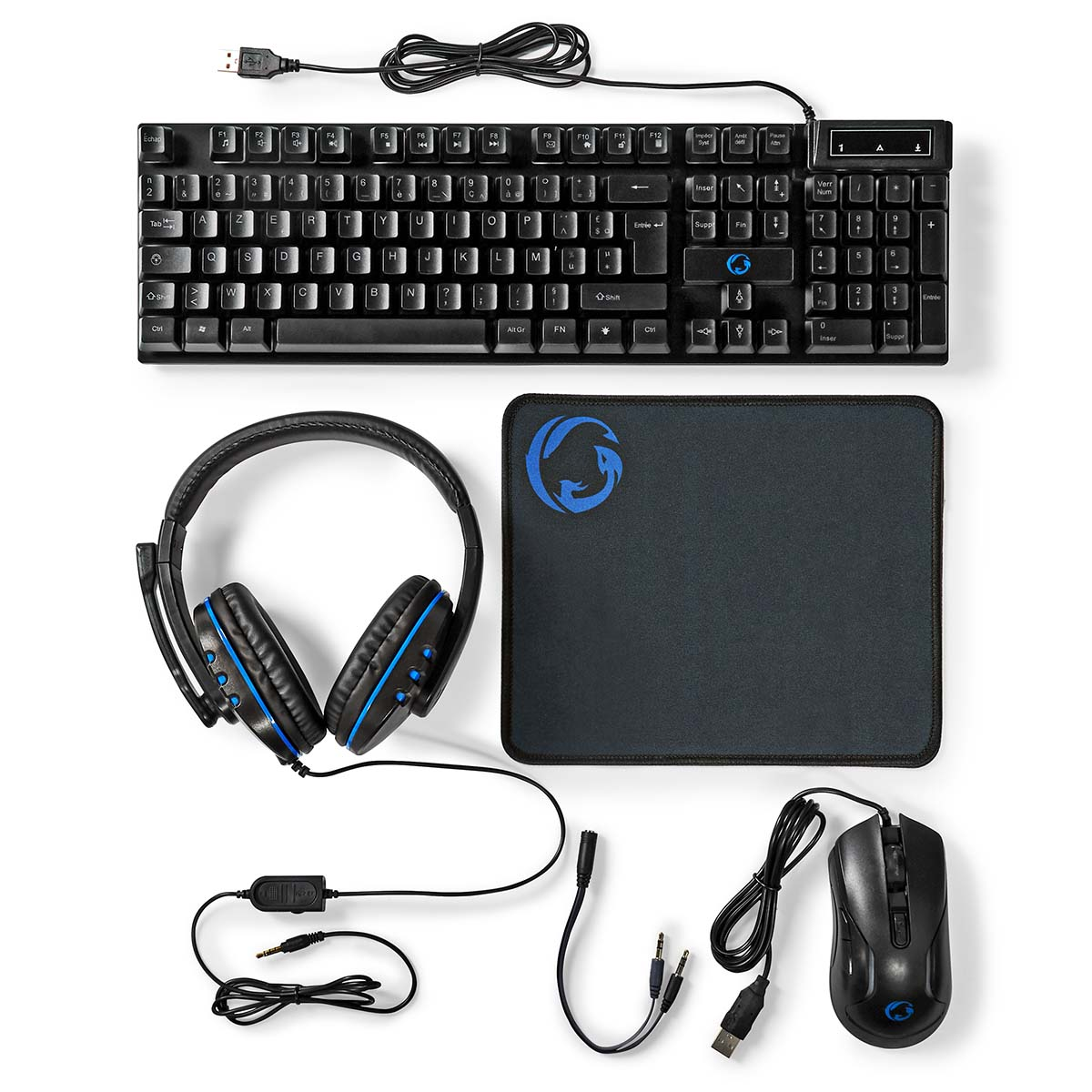 A black keyboard, headset, mouse, mousepad and connection cables on a white surface.