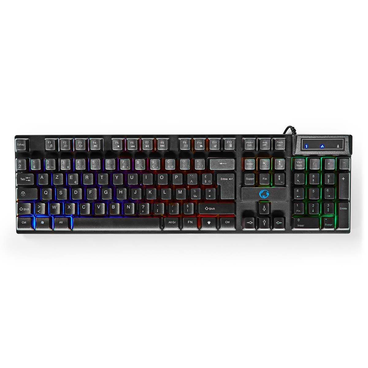 Black keyboard with multicolored keys, white background.
