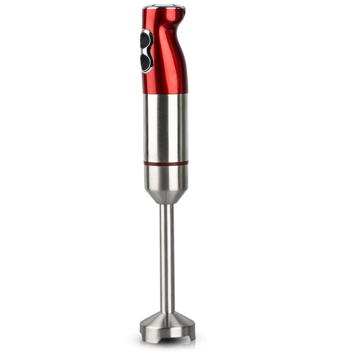 Roter und silberner Stabmixer mit Edelstahl-Mixkopf.