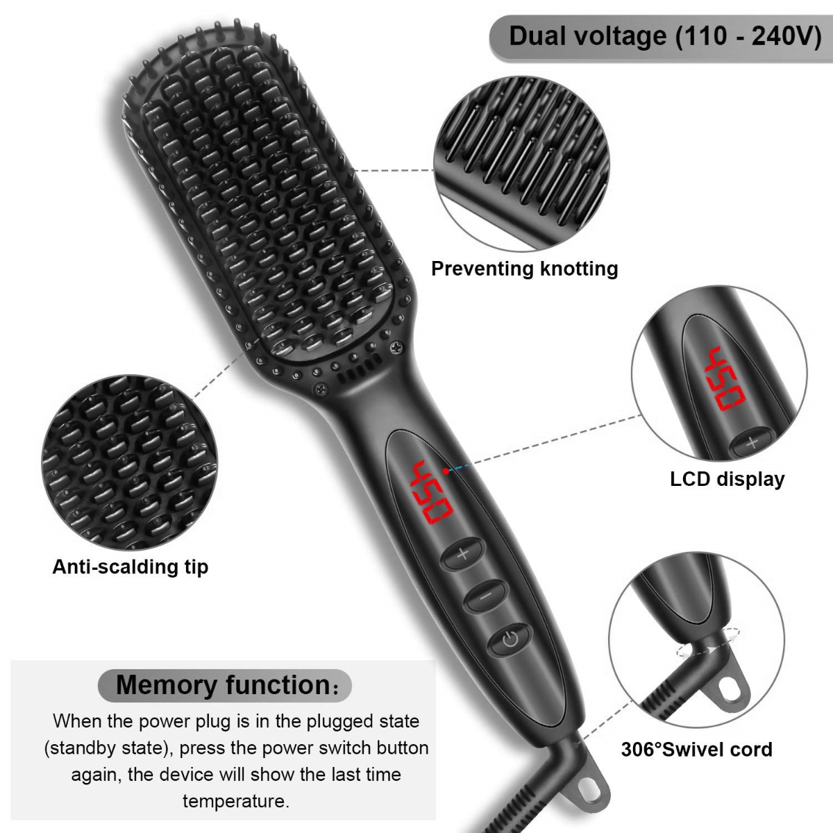 Schwarze Haarglättungsbürste mit LCD-Anzeige 450. Mit Verbrühschutz-Spitze und drehbarem Kabel.