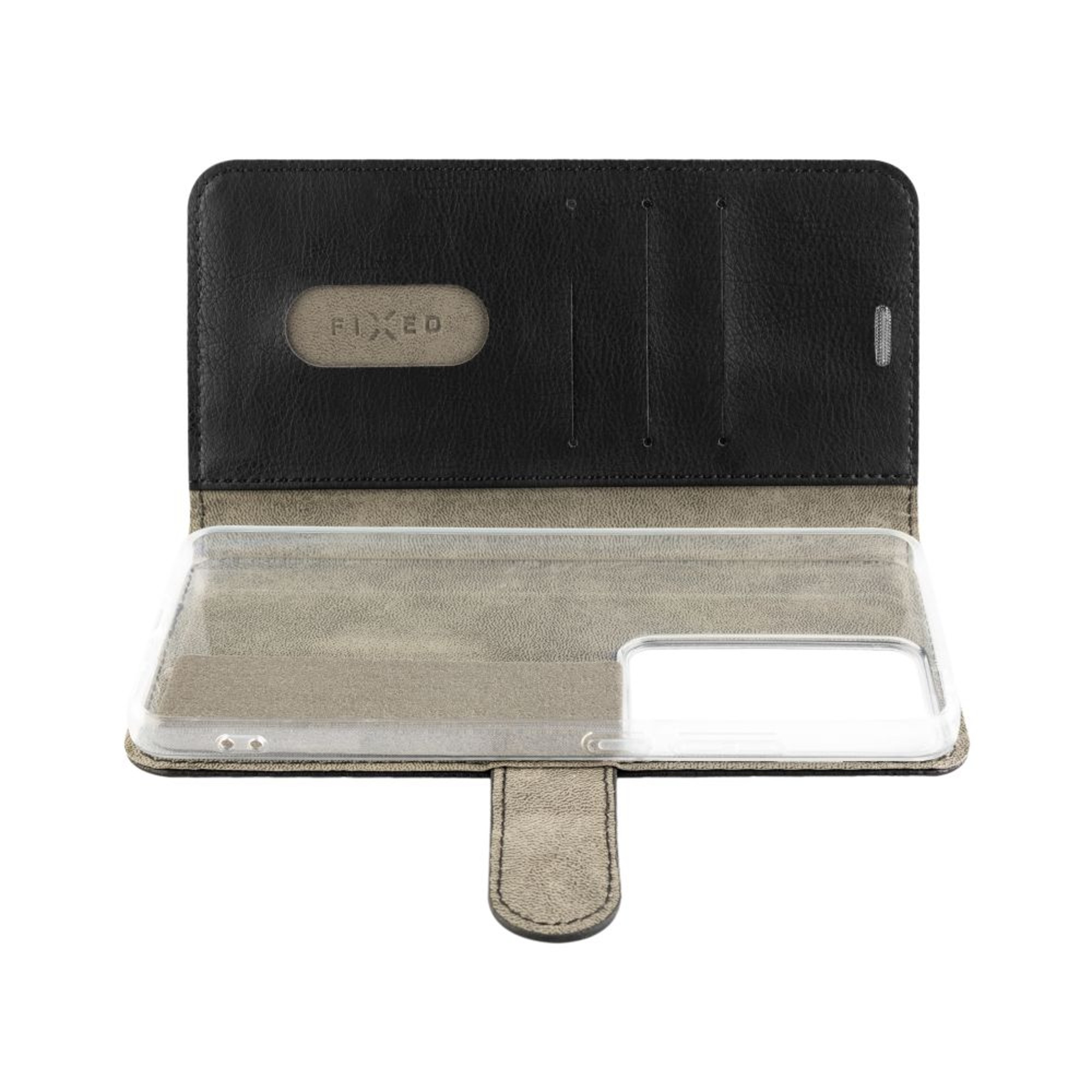 Eine schwarze und graue Handyhülle mit offenem Design, das das Telefon im Inneren zeigt.