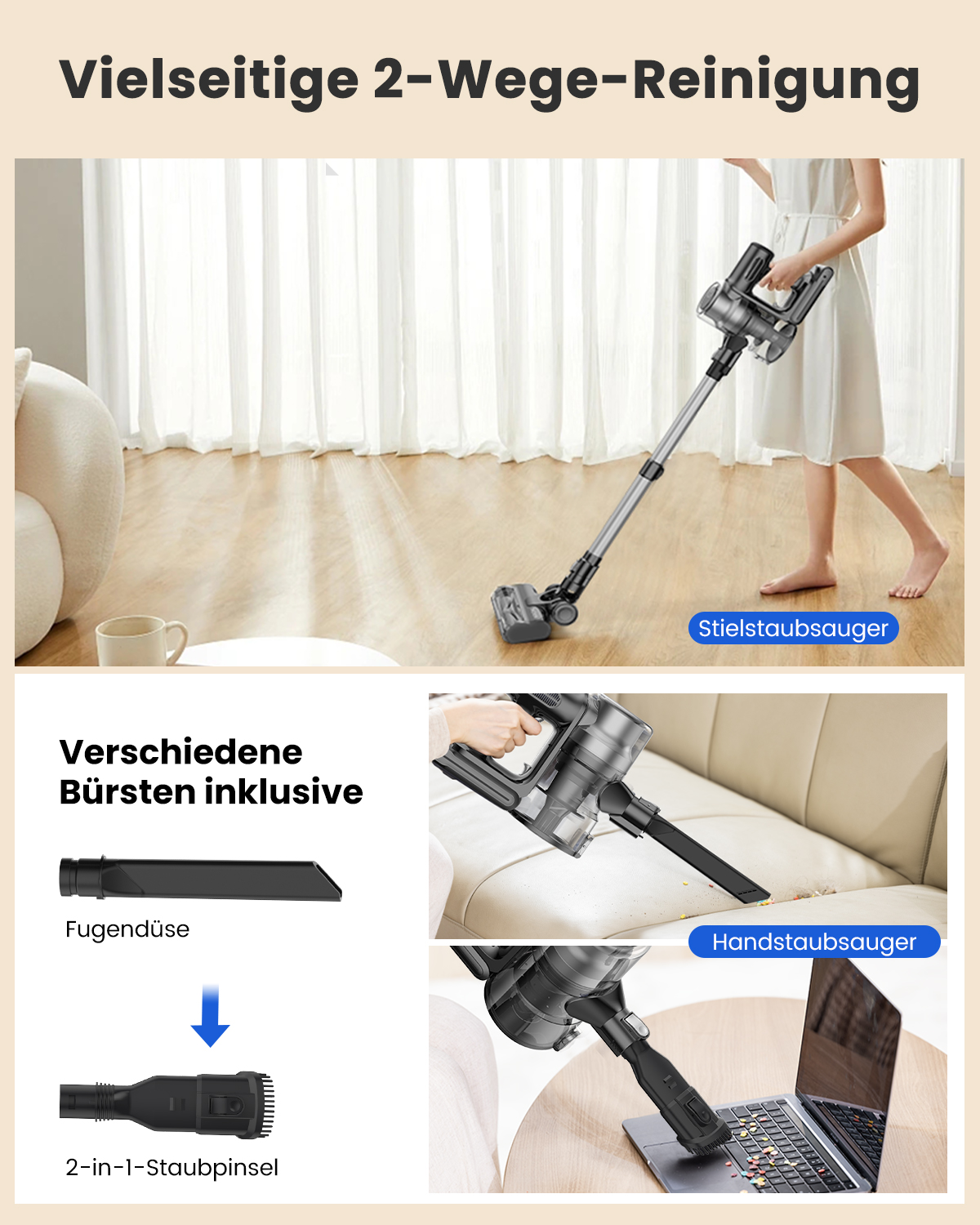Une femme utilisant un aspirateur avec différents accessoires pour nettoyer.