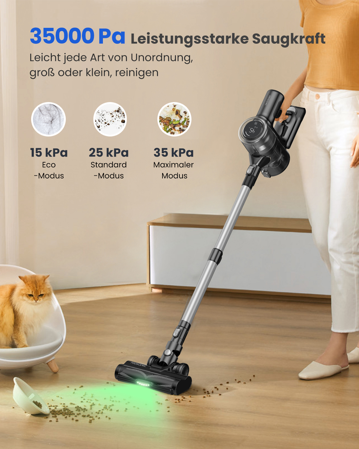 Une femme utilise un aspirateur sans fil avec différents modes et des descriptions de puissance d'aspiration.