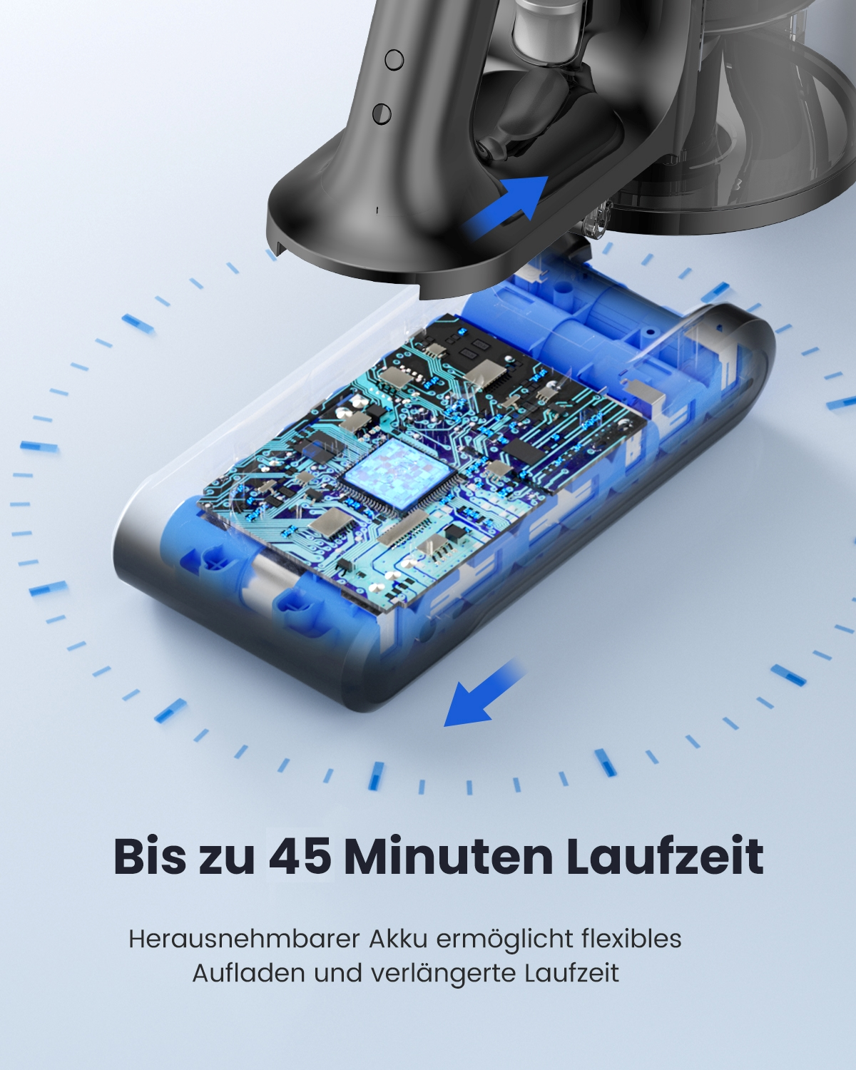 Une vue claire d'une batterie bleue, avec des flèches et un aspirateur.