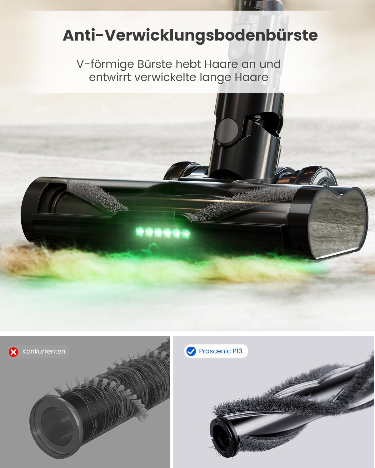 Tête d'aspirateur avec des lumières vertes et une brosse anti-emmêlement. Comparaison avec une brosse emmêlée.