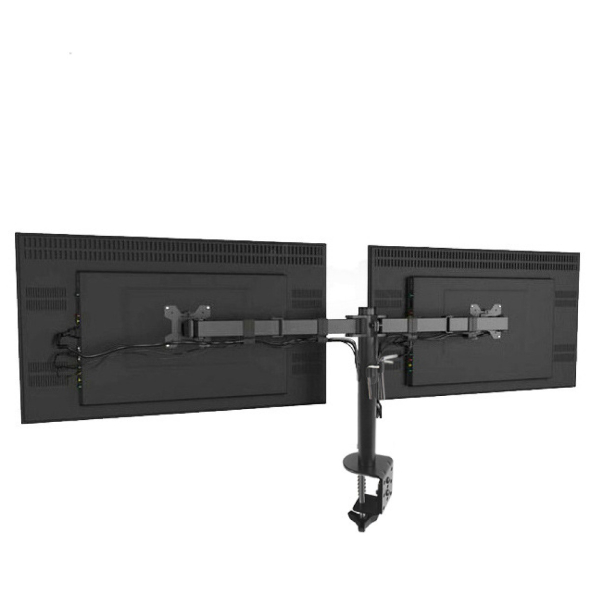 Zwei schwarze Computermonitore auf einem schwarzen, verstellbaren Ständer montiert. Kabel sind sichtbar.
