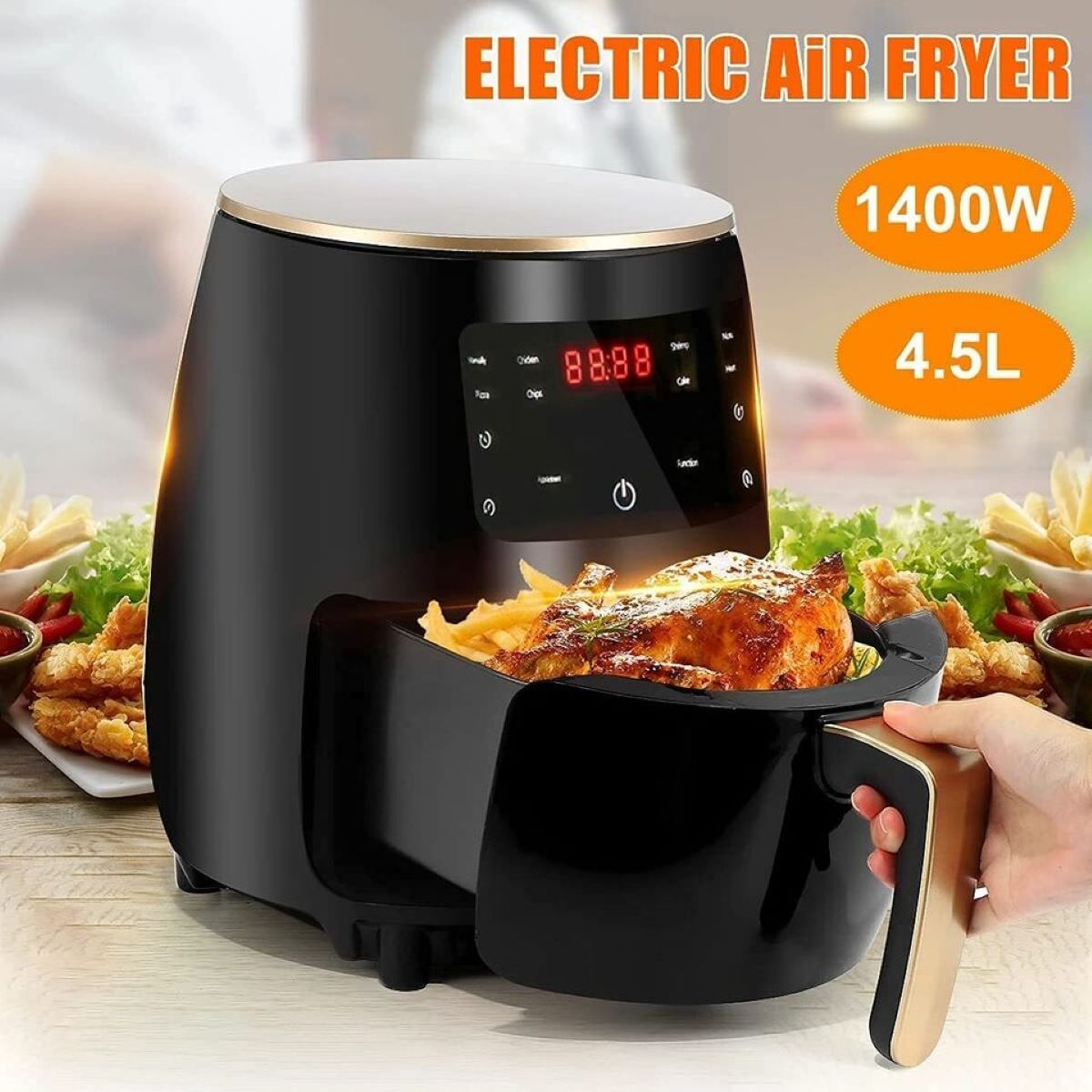Friggitrice ad aria elettrica nera con manico dorato. Cibo fritto nel cestello.
