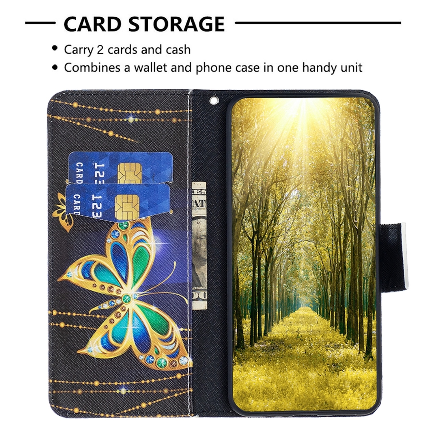 Brieftaschentasche mit Schmetterlingsdesign und Telefon mit Waldszene. Schwarz.
