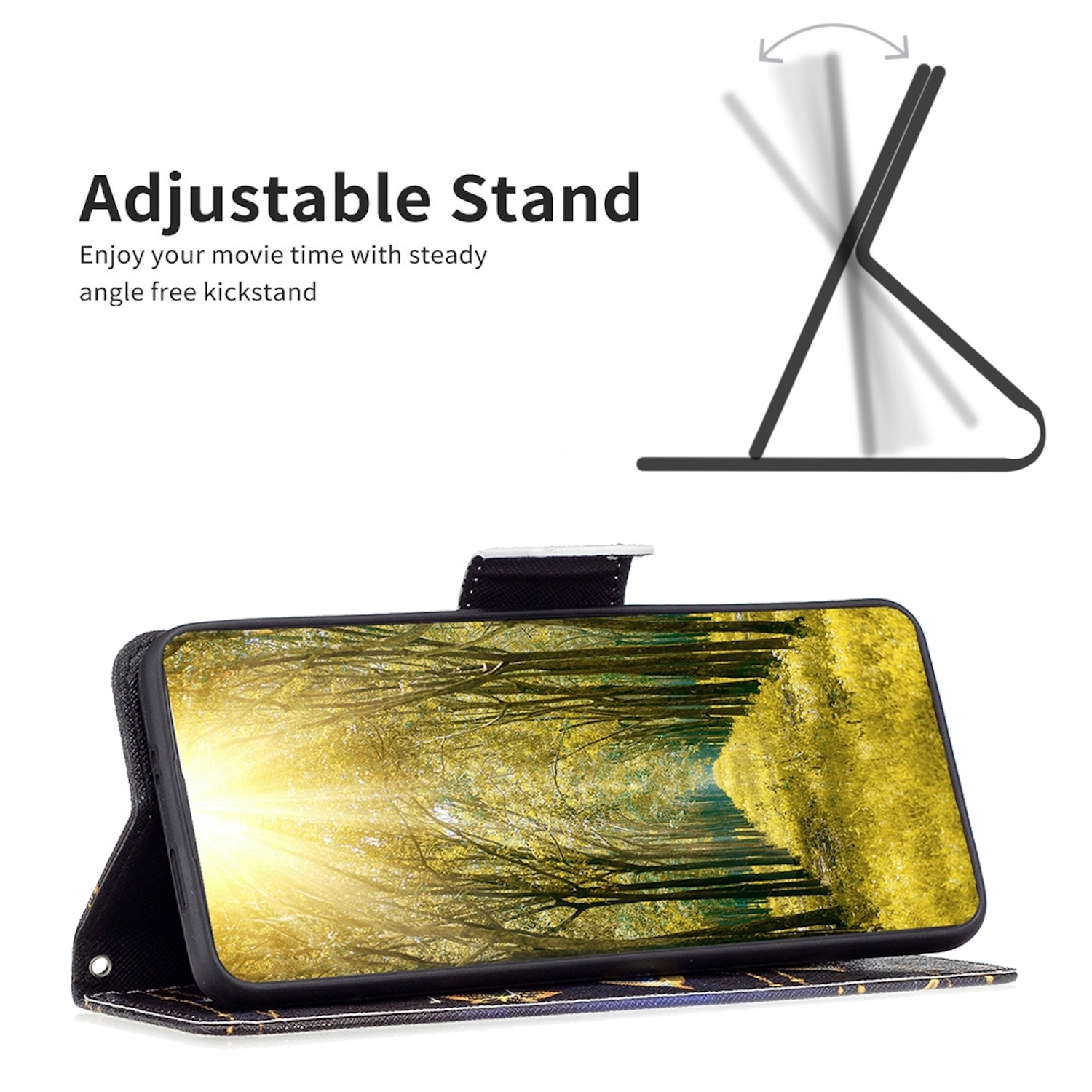 Eine Handyhülle ist geöffnet und zeigt ein Telefon mit einem Landschaftsbild. Der Hintergrund hat ein Stand-Symbol.