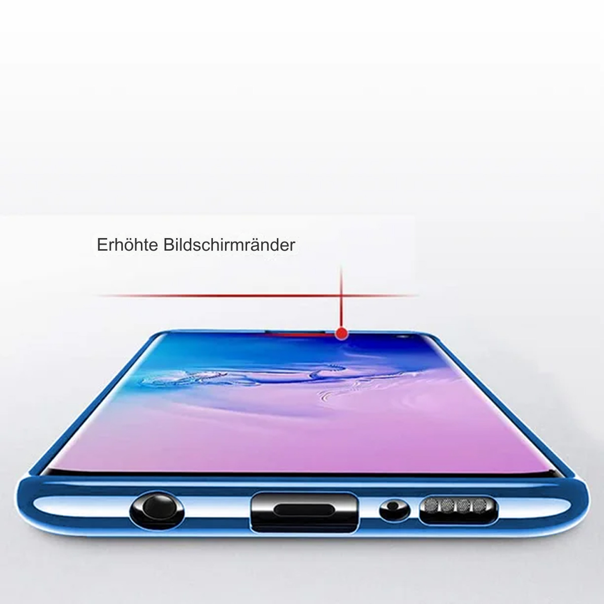 Blauer Telefonbildschirm mit erhöhten Rändern, zeigt die Telefondetails.