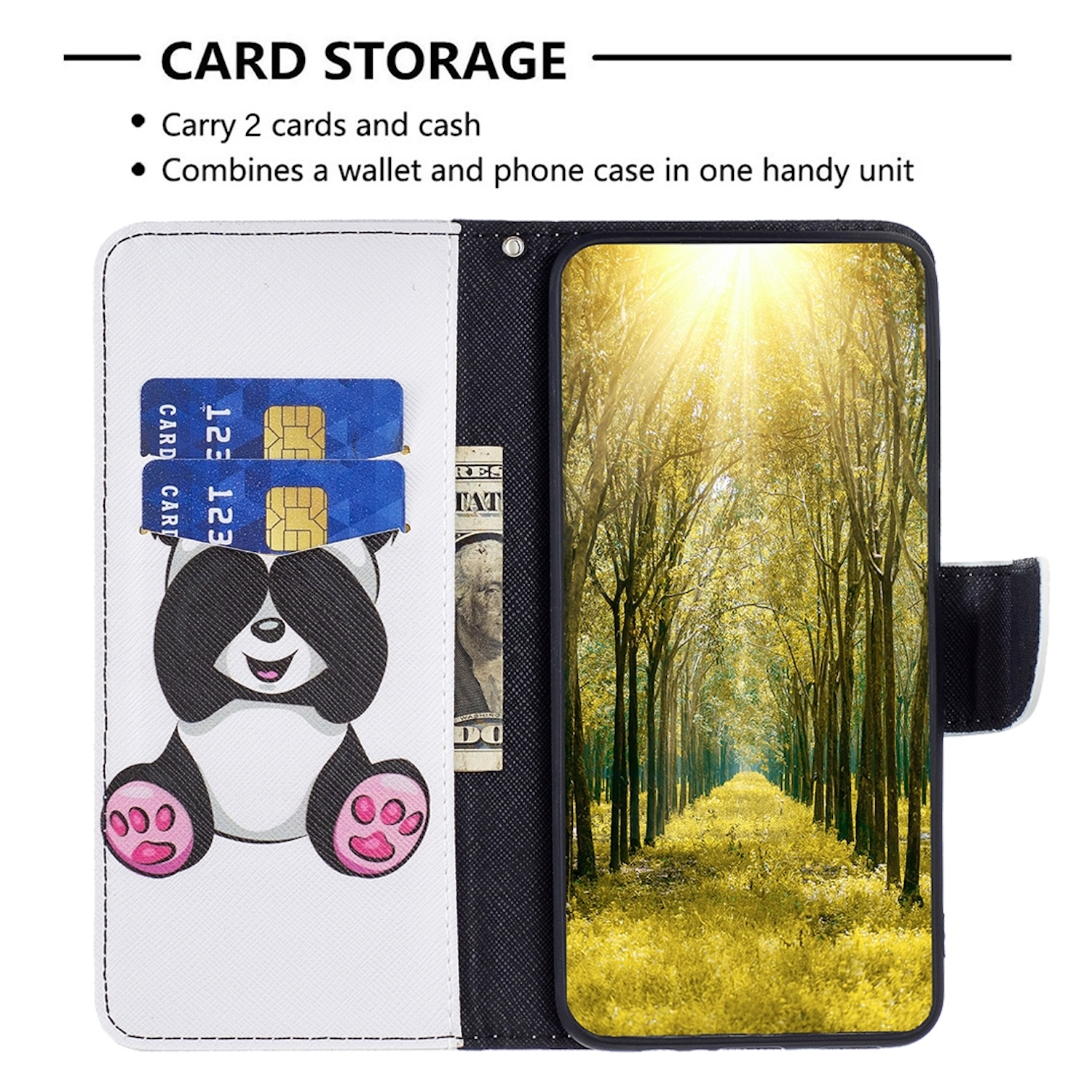 Geöffnete Handyhülle im Brieftaschenstil mit Panda-Illustration und Kreditkarten. Waldszene.