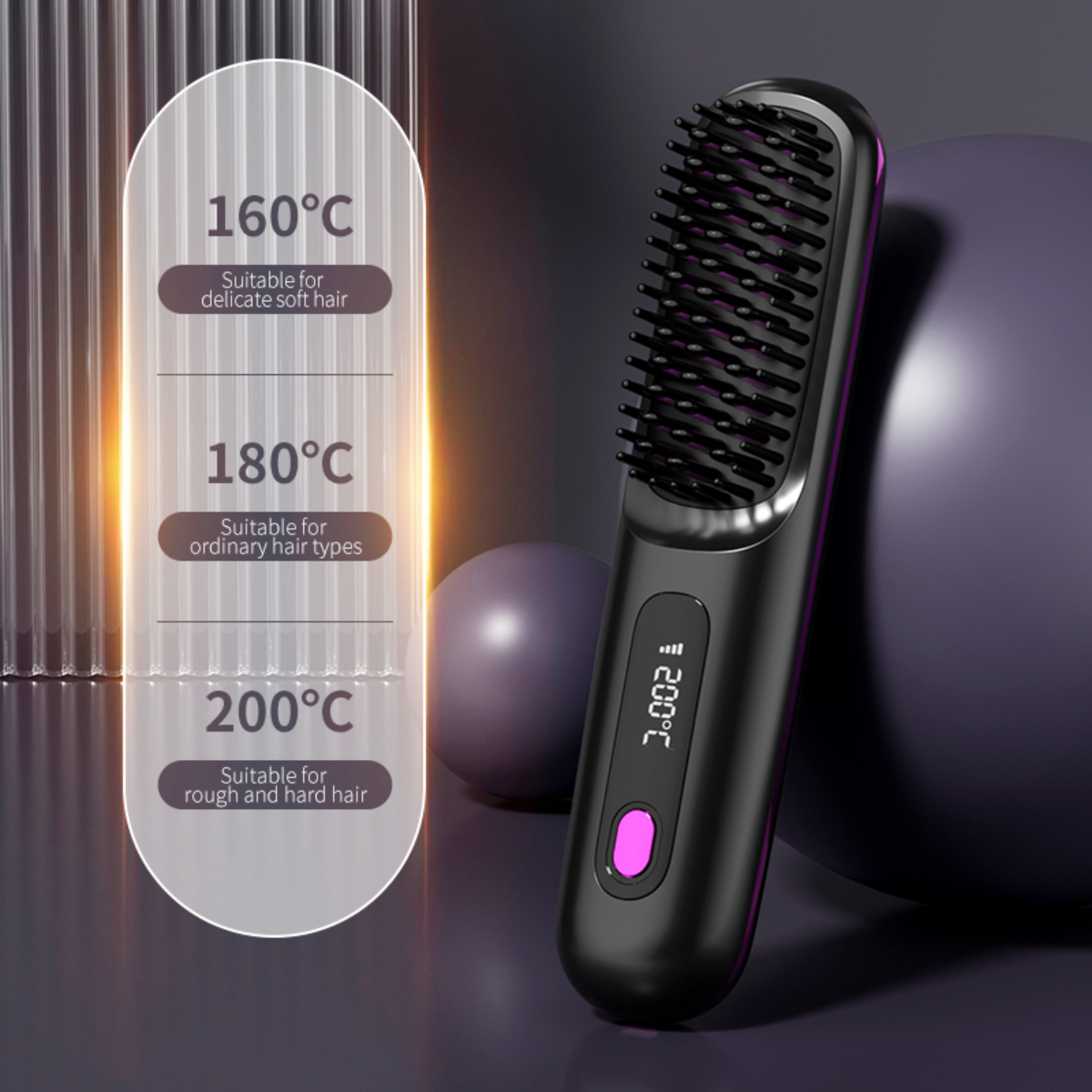 Schwarze Haarglättungsbürste mit Temperatureinstellungen: 160, 180, 200 Grad Celsius.