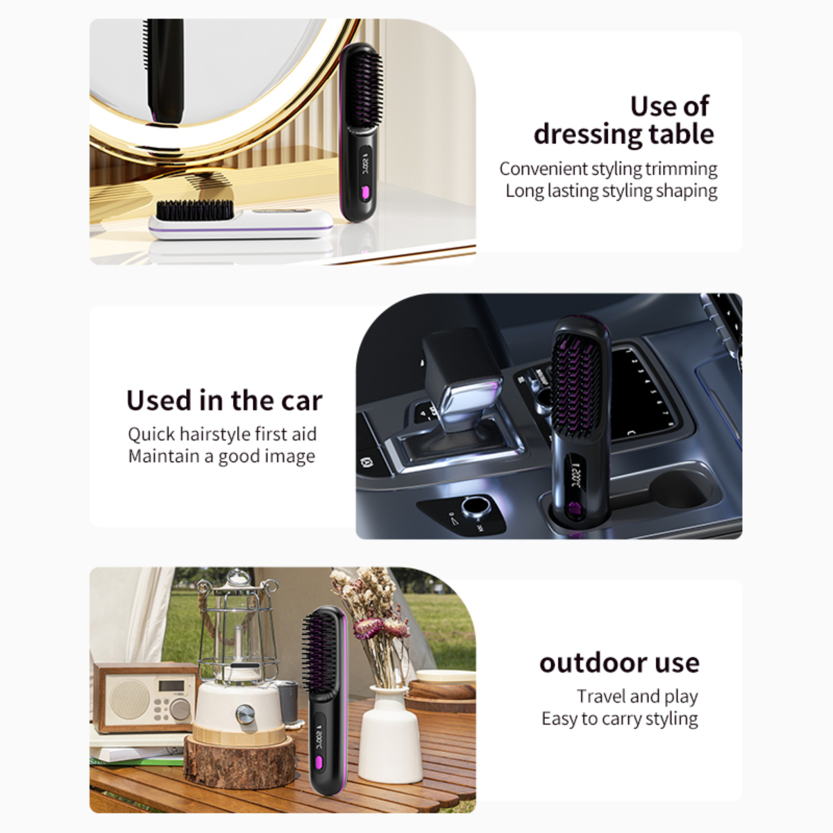 Mehrere Szenen, die die Verwendung einer Haarglättungsbürste zeigen. Inklusive Nutzung am Schminktisch, im Auto und draußen.