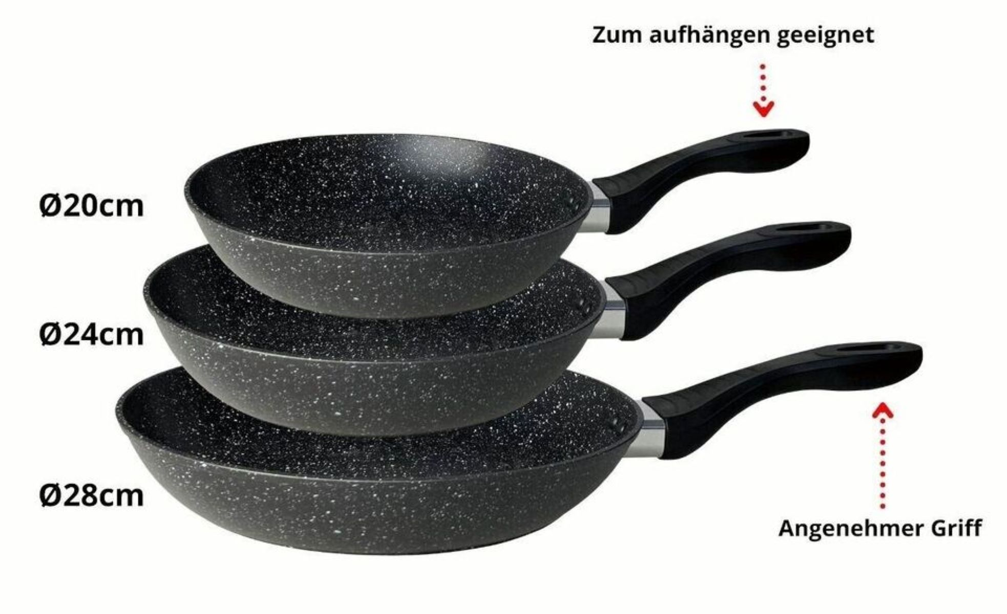 Drei Bratpfannen in verschiedenen Größen, mit Etiketten, die den Durchmesser jeder Pfanne angeben.