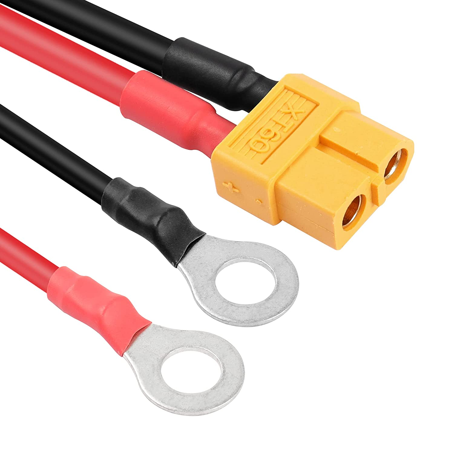 Nahaufnahme von roten und schwarzen Elektrokabeln mit gelbem Stecker und Ringkabelschuhen.