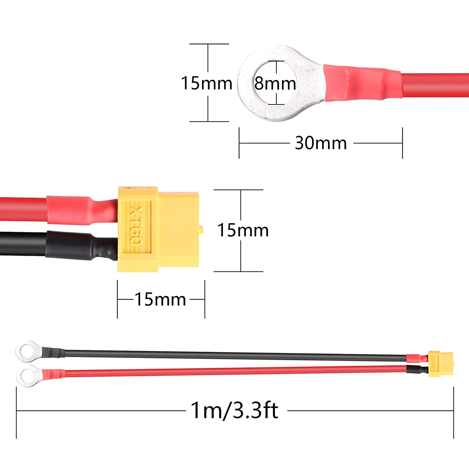 Rote und schwarze elektrische Drähte mit einem Anschluss an einem Ende.