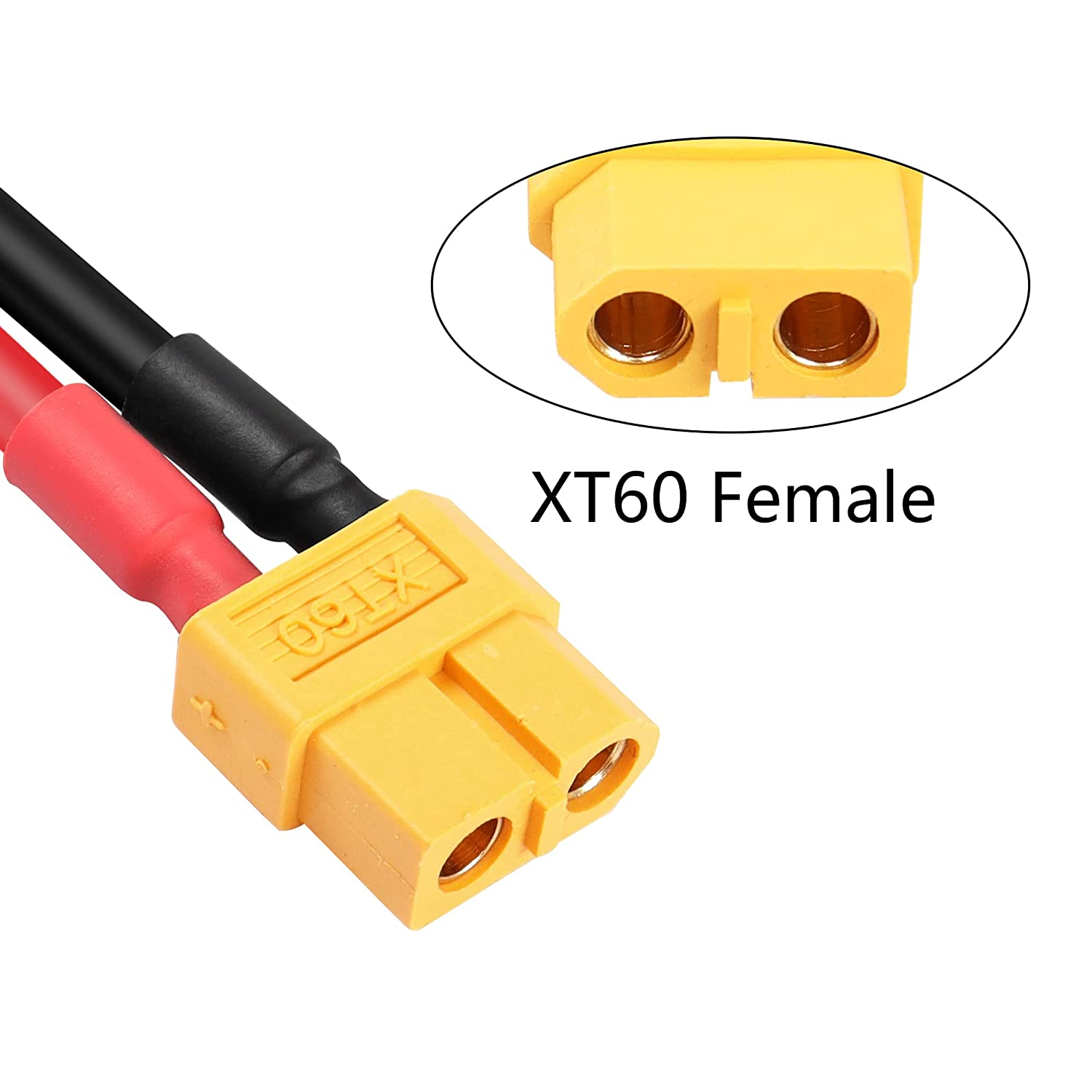 Gelb-schwarzer XT60-Buchsenstecker mit zwei Löchern und roter und schwarzer Drahtverbindung.