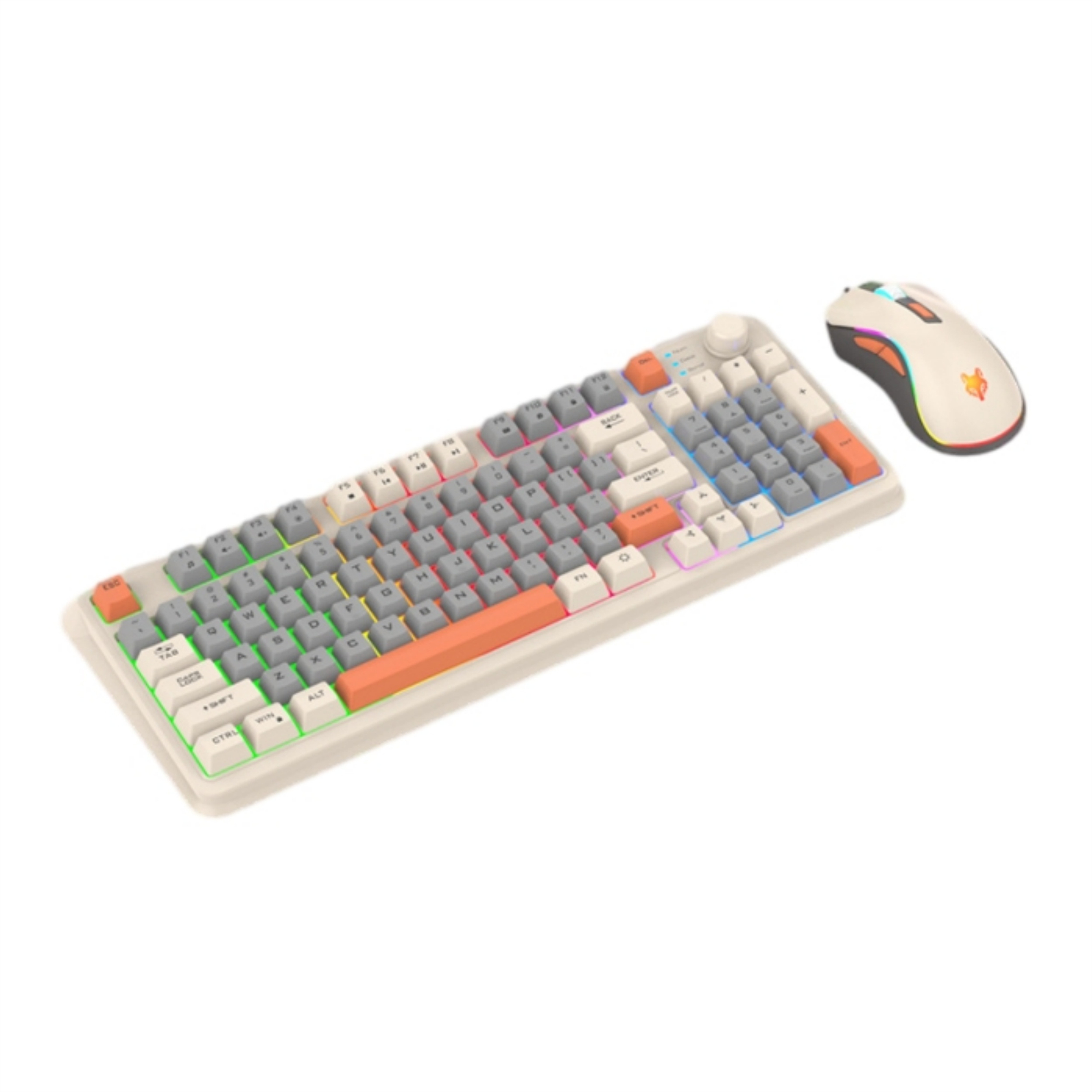 Weiß-graues Tastatur- und Maus-Set. Orange und graue Tasten. Winkelansicht.