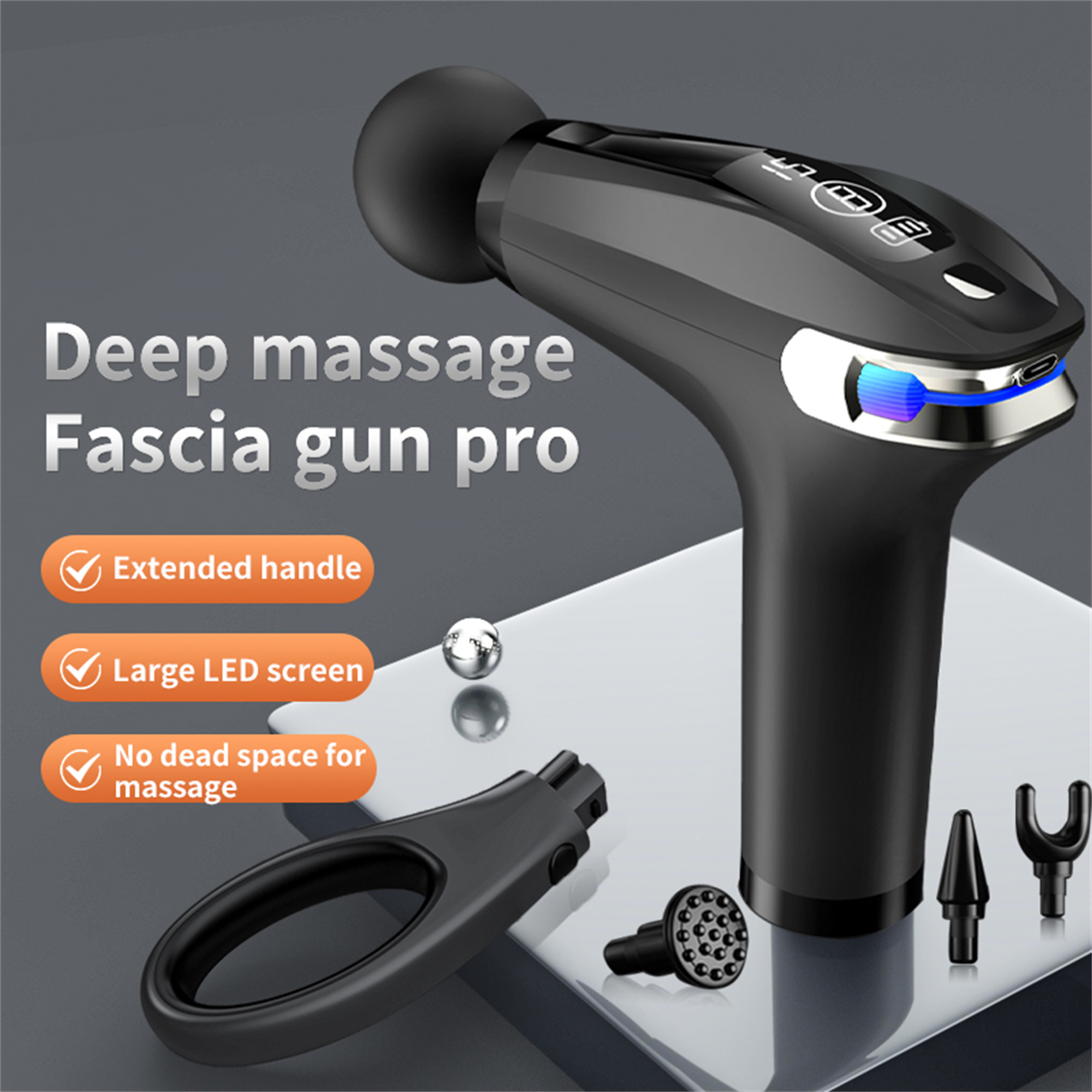 Schwarze Massagepistole mit Aufsätzen. Der Text lautet 'Deep massage Fascia gun pro'.