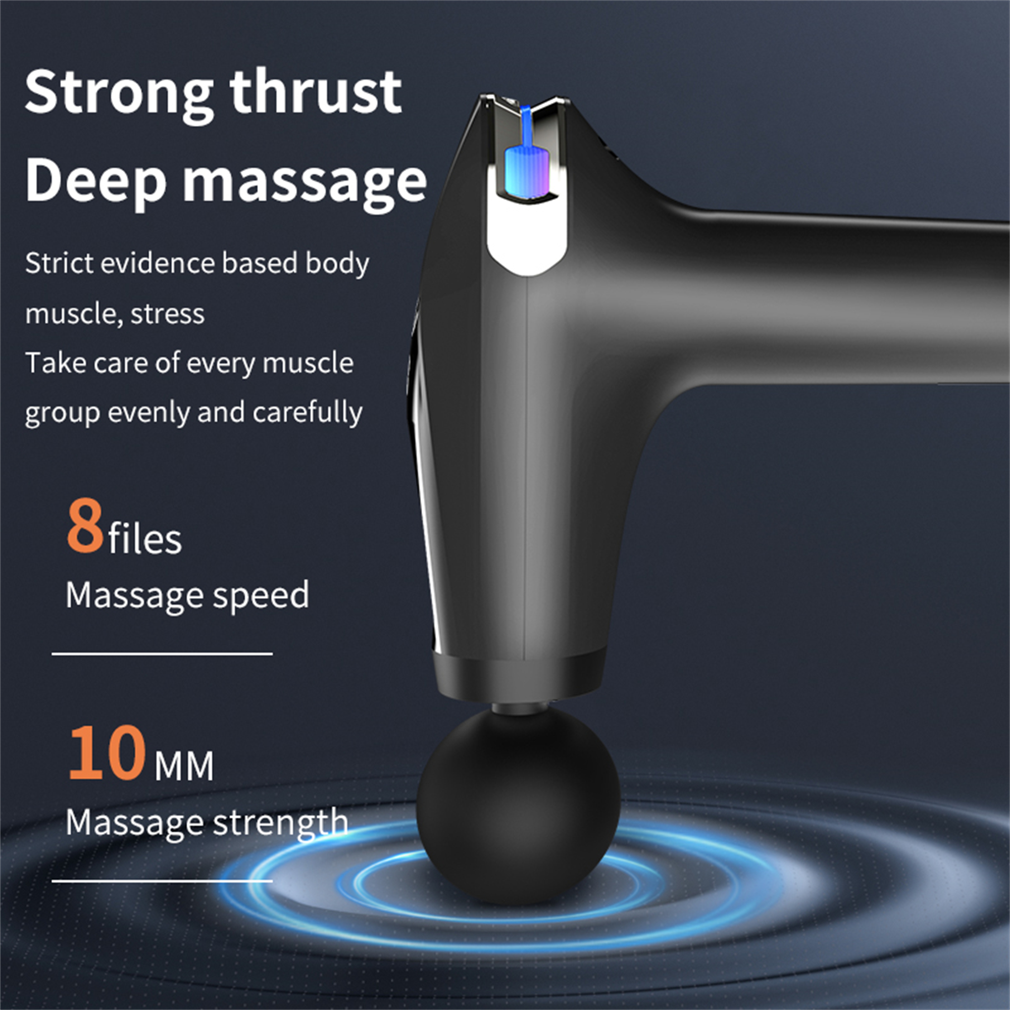 Schwarze Massagepistole mit rundem Kopf, blaue Energielinien. Text: Tiefenmassage, 8 Dateien, 10 mm.