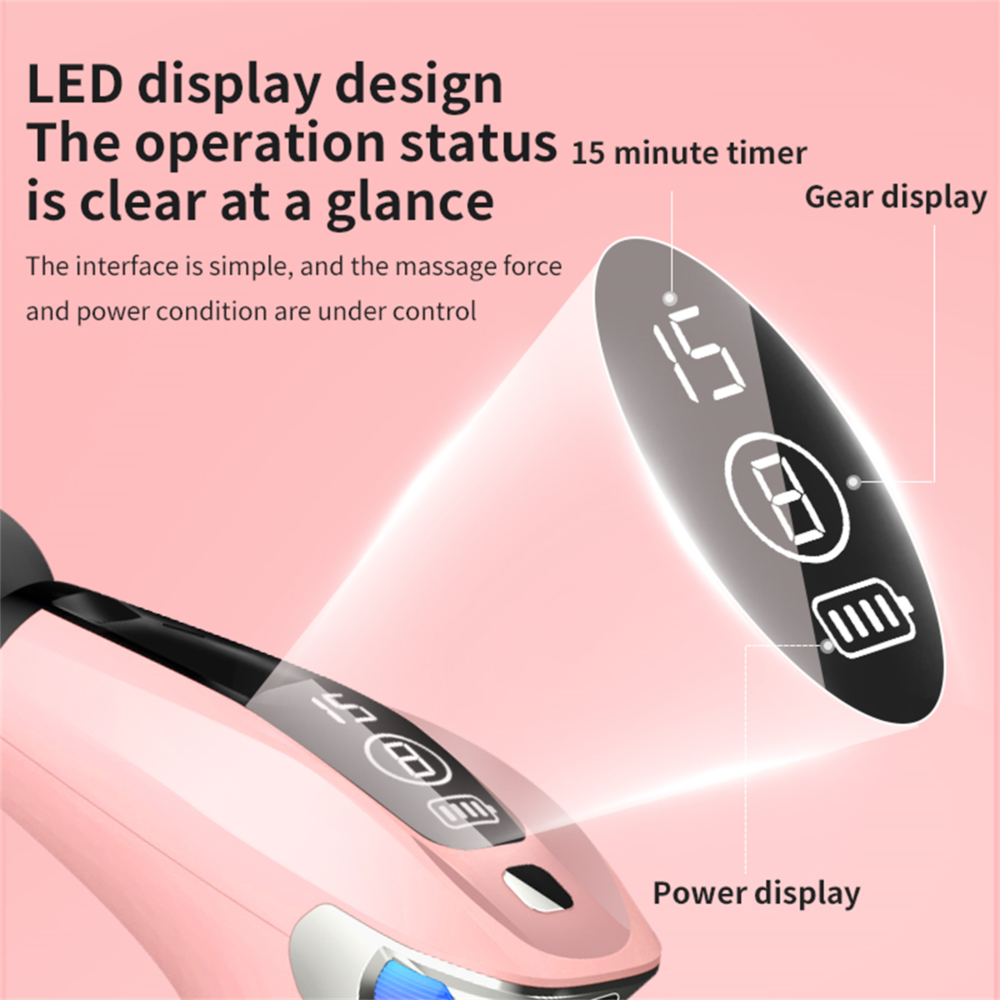 Ein rosa elektronisches Gerät mit einem Display, das Zeit, Gang und Batteriestand anzeigt.