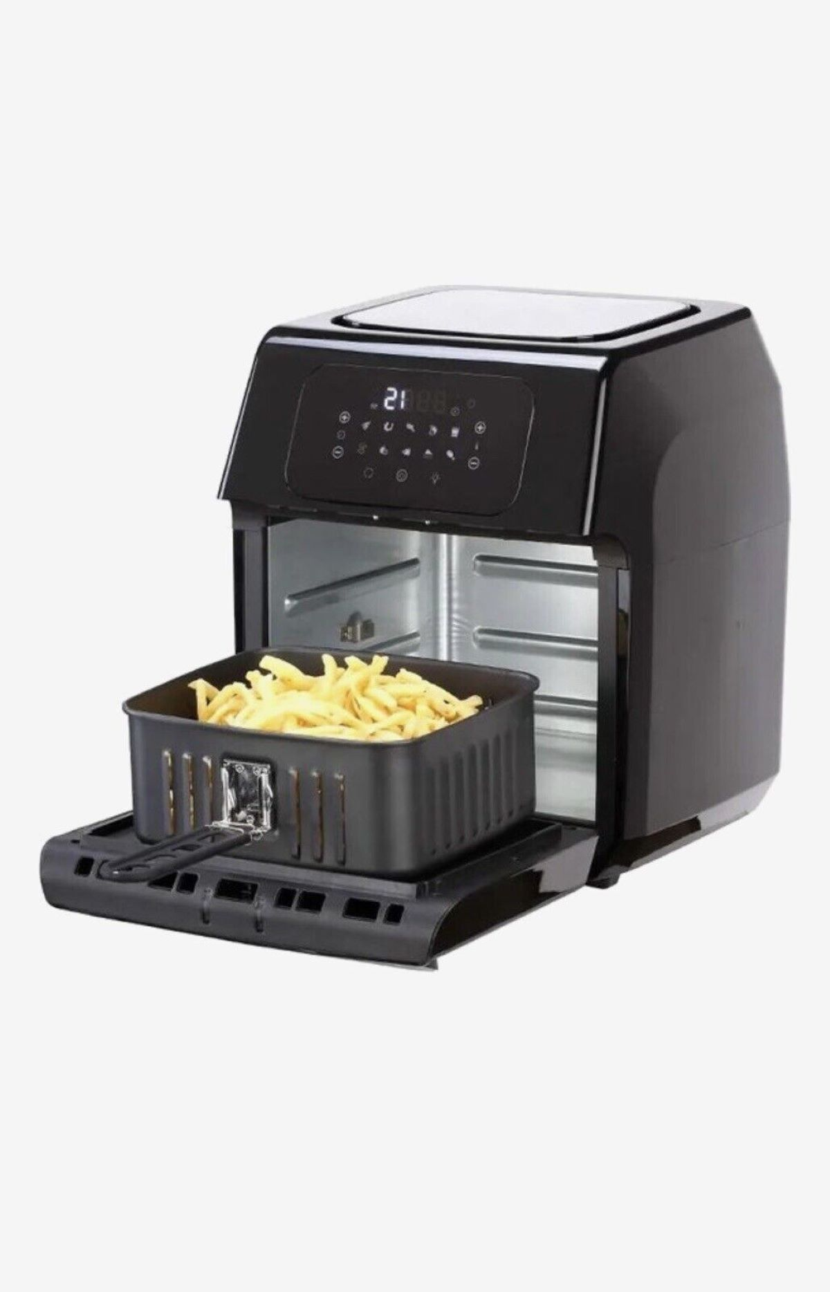 Schwarze Heißluftfritteuse mit herausgezogenem Korb. Enthält Pommes Frites.
