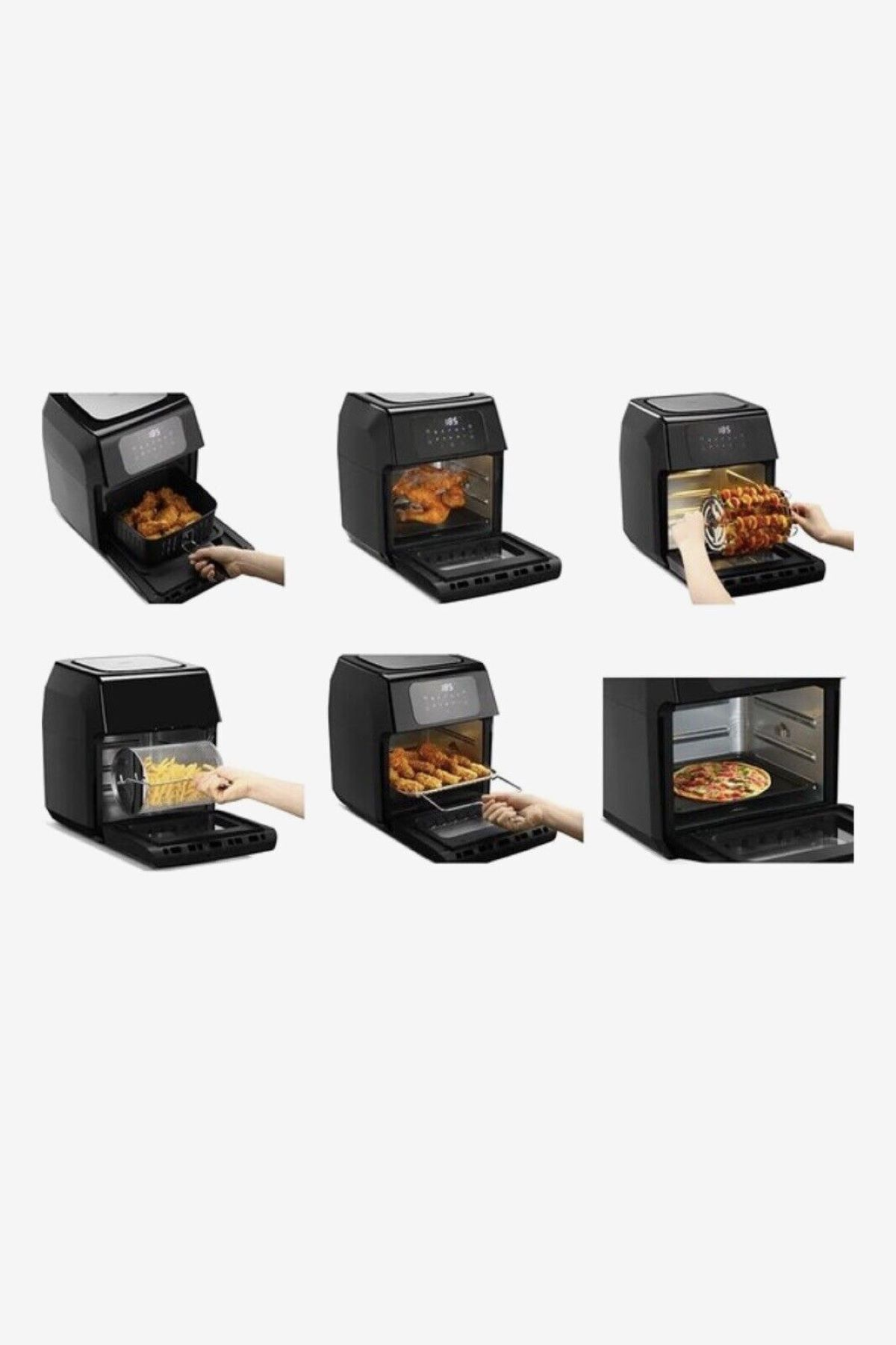 Eine Heißluftfritteuse mit verschiedenen Lebensmitteln: Pommes, Hähnchen, Drehspieß und Pizza, die ihre Vielseitigkeit zeigt.