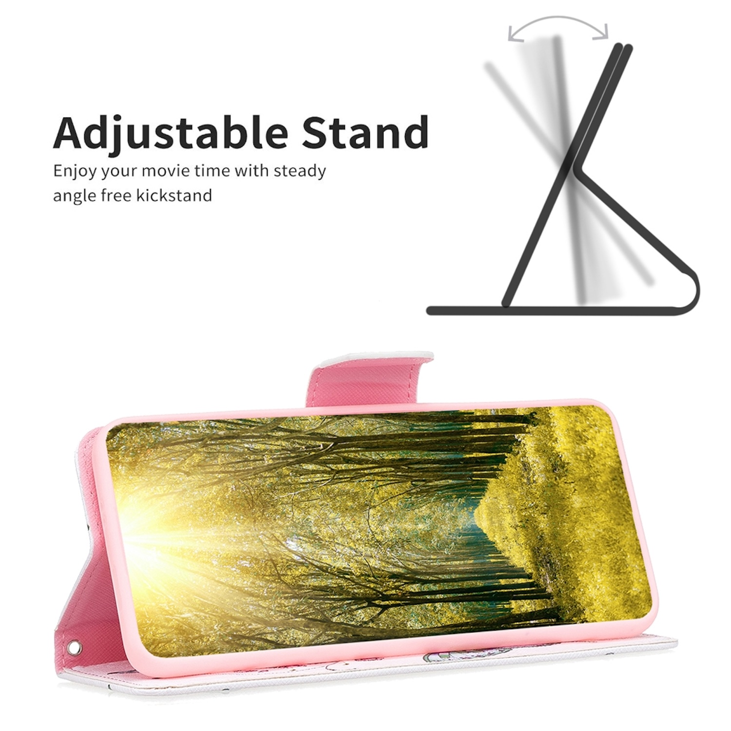 Eine rosa Handyhülle mit einem Telefon darin, in einem Winkel aufgestellt. Der Text lautet "Adjustable Stand".