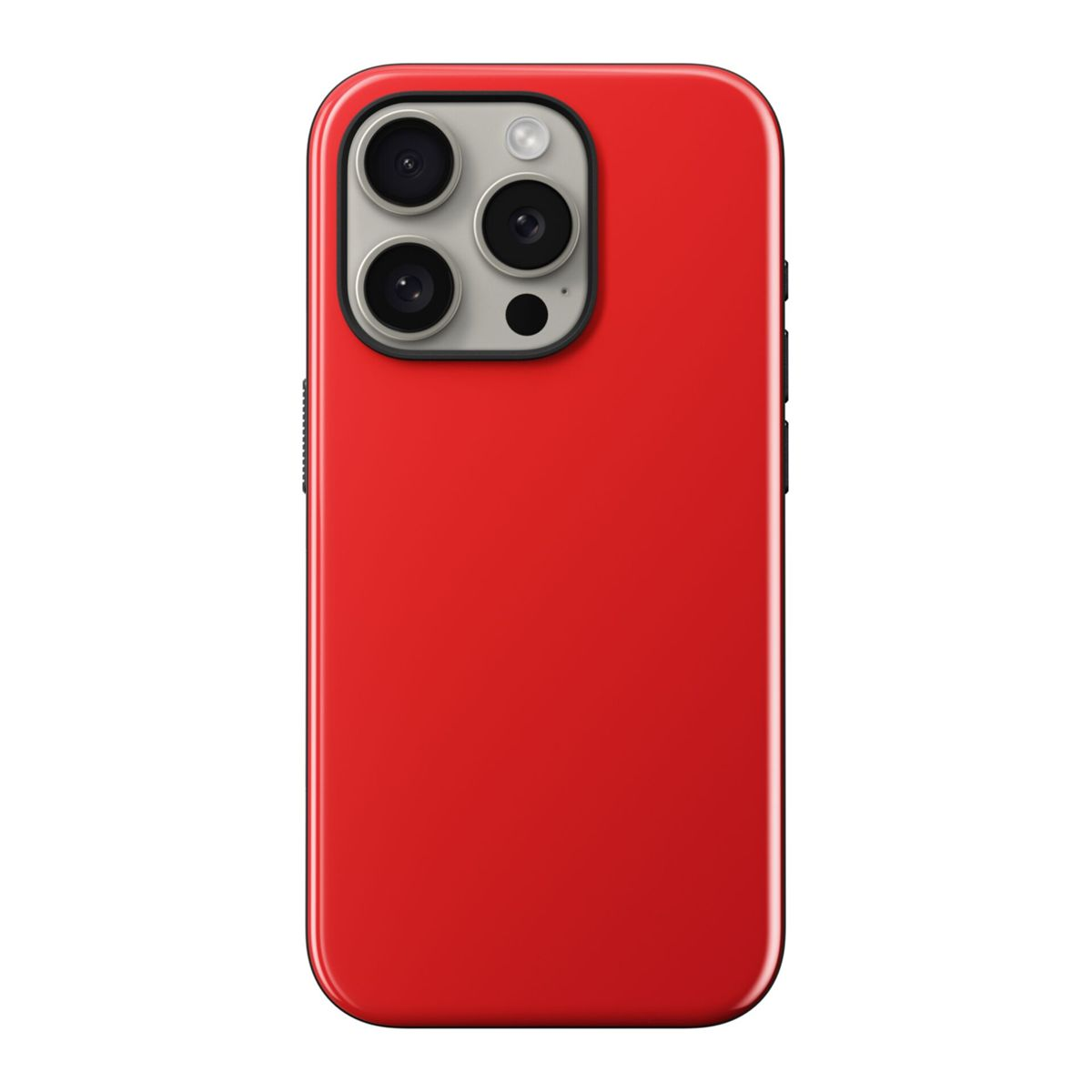 Custodia rossa per telefono con tre obiettivi e un flash. La custodia ha una finitura lucida.