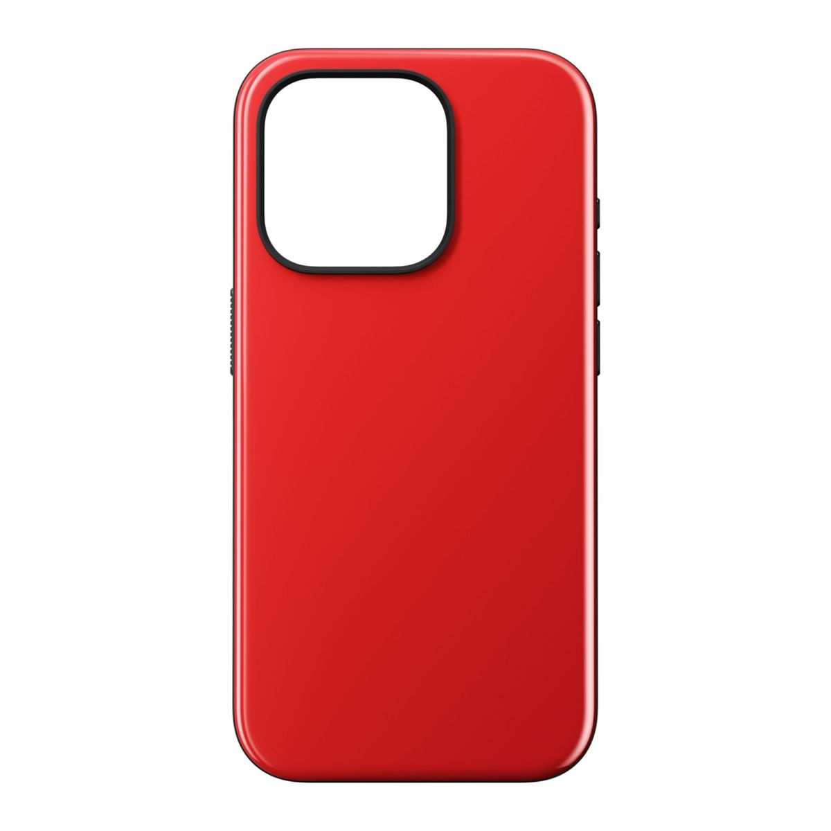 Una custodia per telefono rossa. L'intaglio della fotocamera è in alto a sinistra. È una custodia semplice.