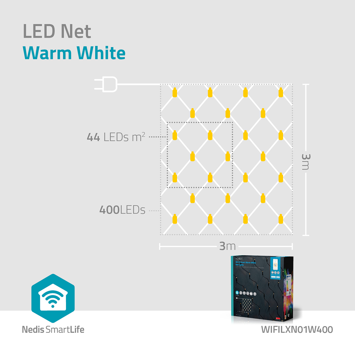 Diagramma della luce a rete LED. Mostra 44 LED per m², 400 LED totali, con la scatola del prodotto nell'angolo.