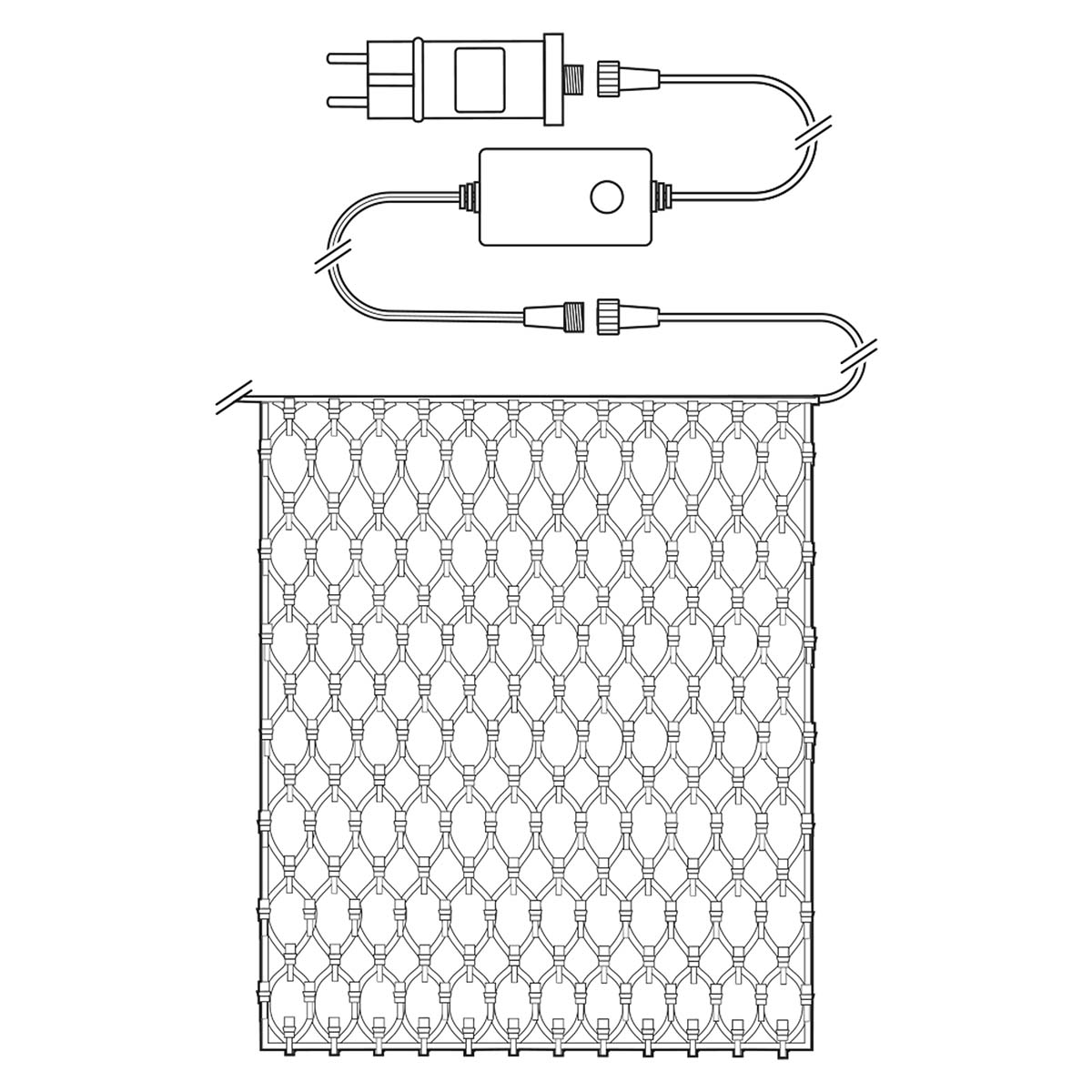 Diagramma in bianco e nero di una rete di luci con alimentatore. Sfondo bianco.