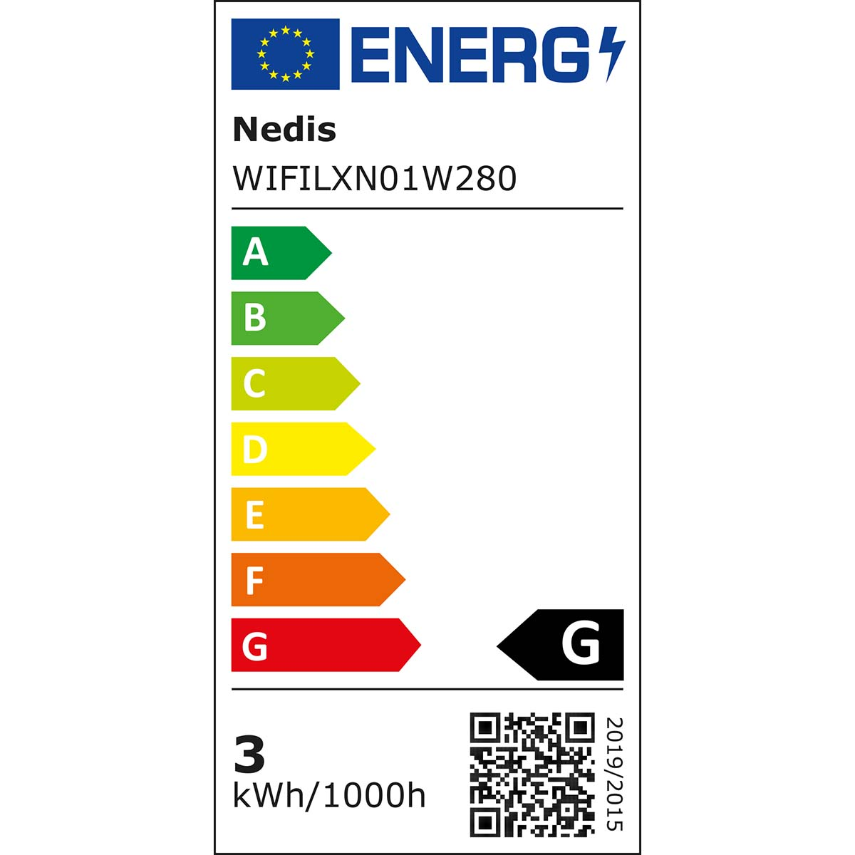 Etykieta efektywności energetycznej: Nedis, WiFi, ocena od A do G, 3 kWh/1000h, kod QR.