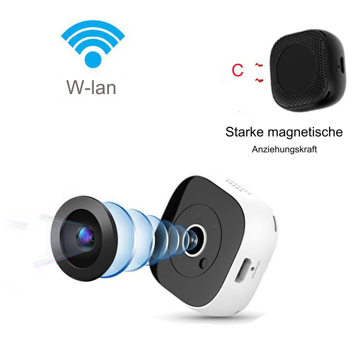 Eine schwarz-weiße Überwachungskamera mit WLAN-Symbol, ein anderes schwarzes Gerät und deutscher Text.
