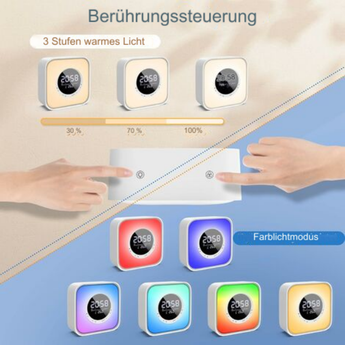 Ein berührungsgesteuertes Nachtlicht mit einstellbarer Helligkeit und Farbmodi, das drei verschiedene Lichter zeigt.