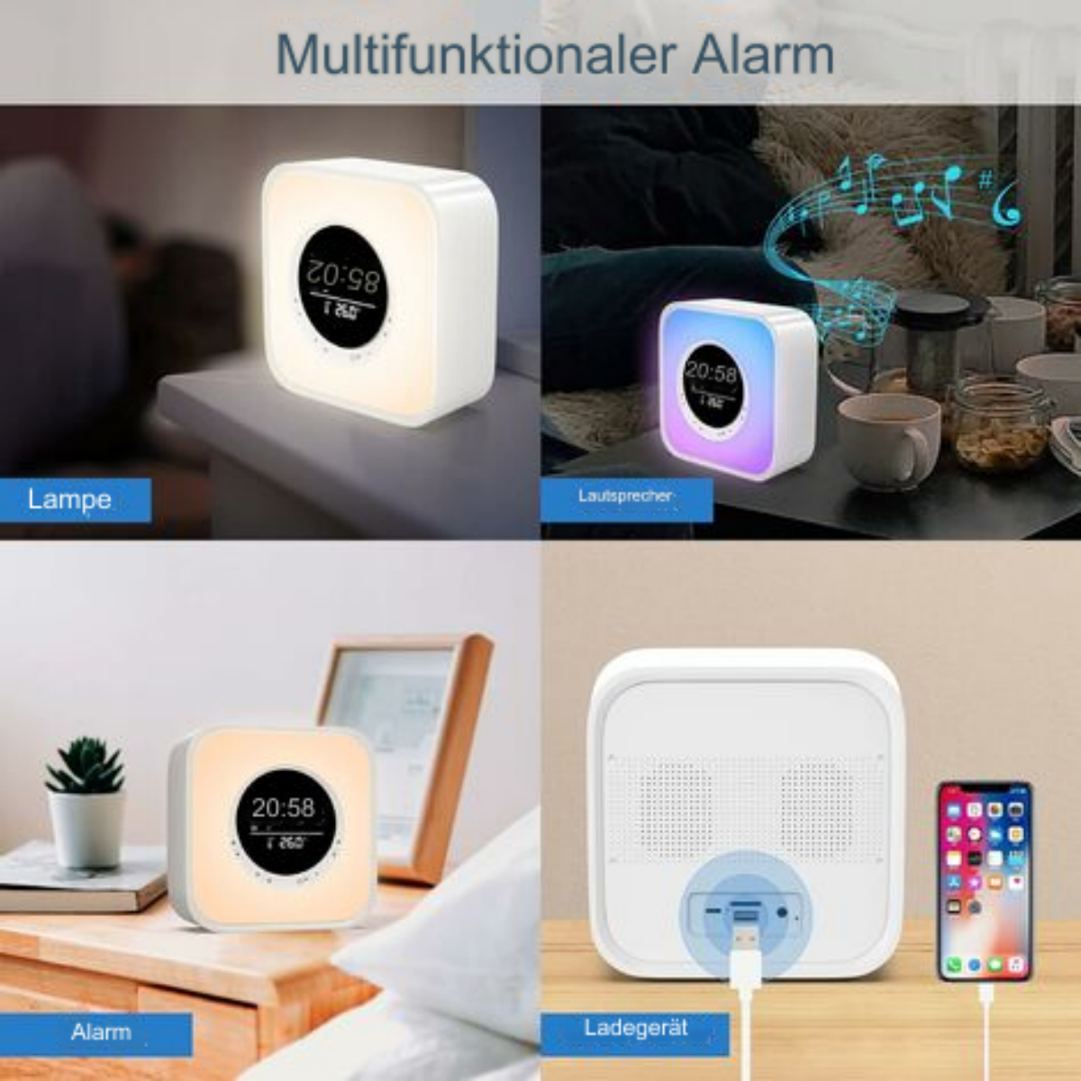 Vier Bilder, die einen multifunktionalen Wecker und seine Verwendung zeigen.