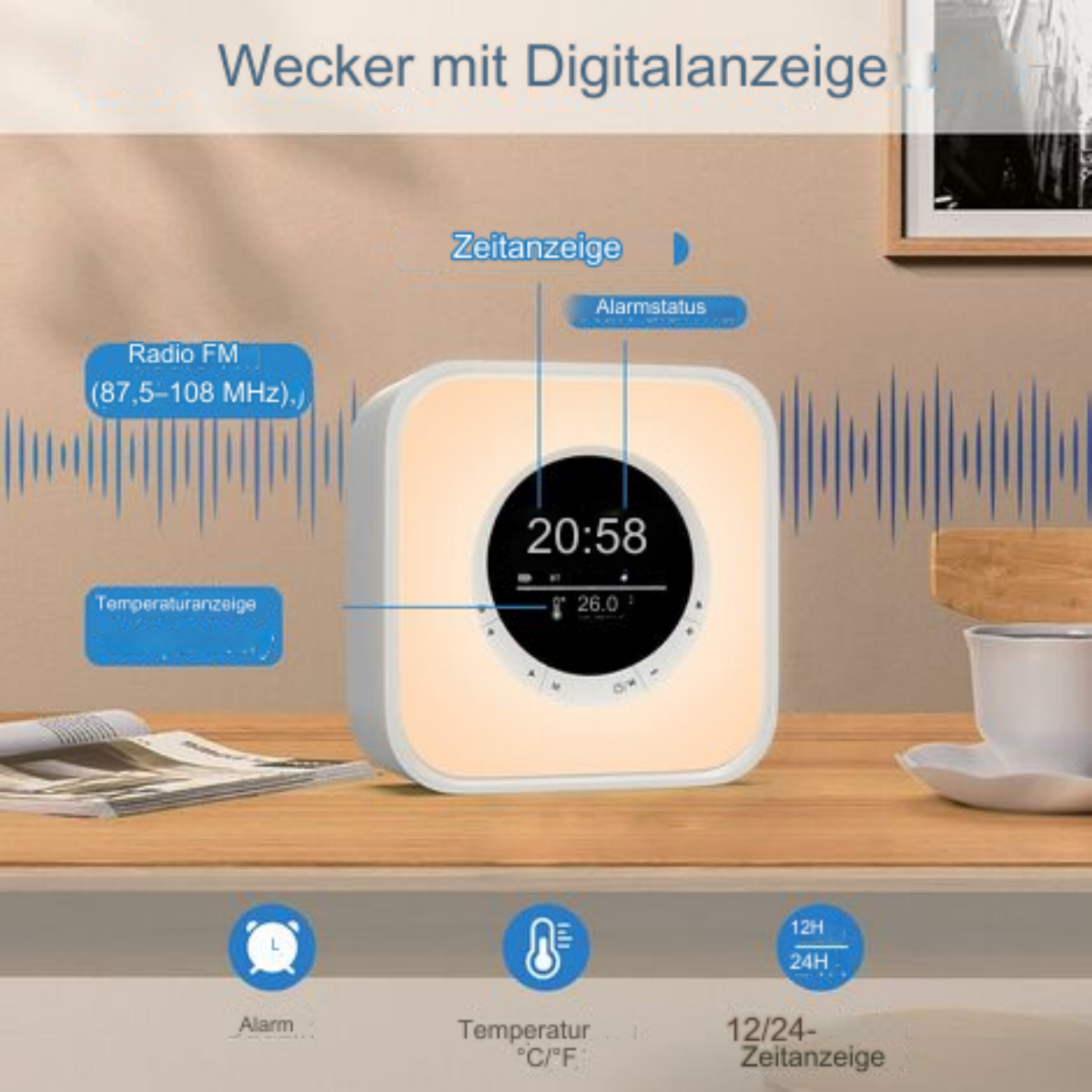 Wecker mit Digitalanzeige, zeigt Zeit und Temperatur, auf einem Holztisch.