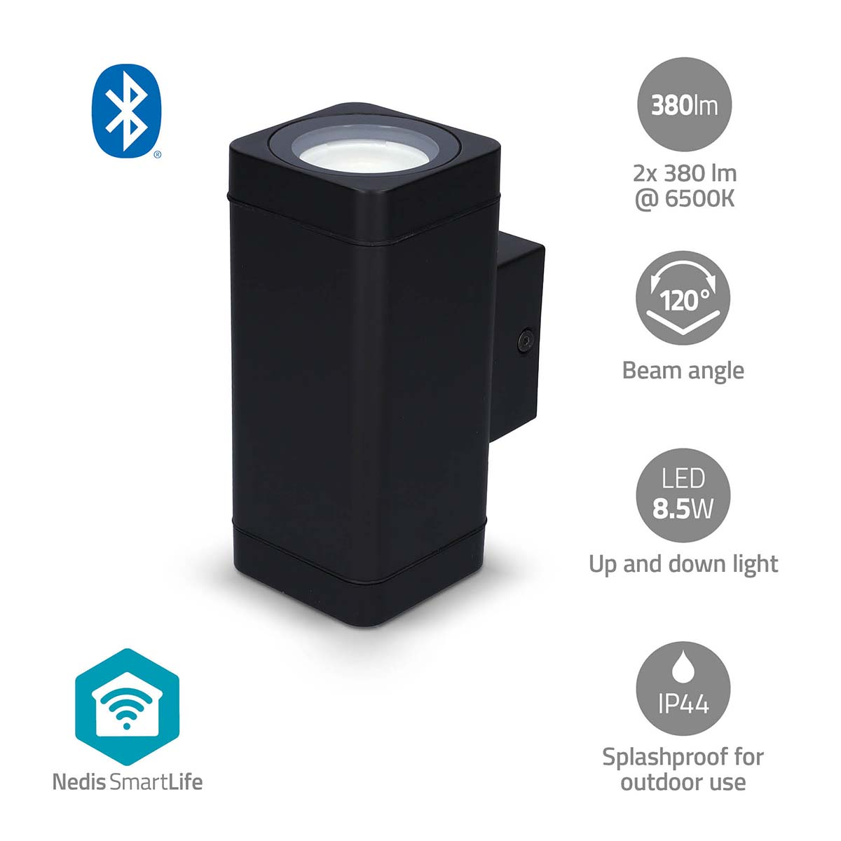 Schwarze quadratische Außenleuchte mit Symbolen und Spezifikationen, einschließlich Bluetooth-Logo.