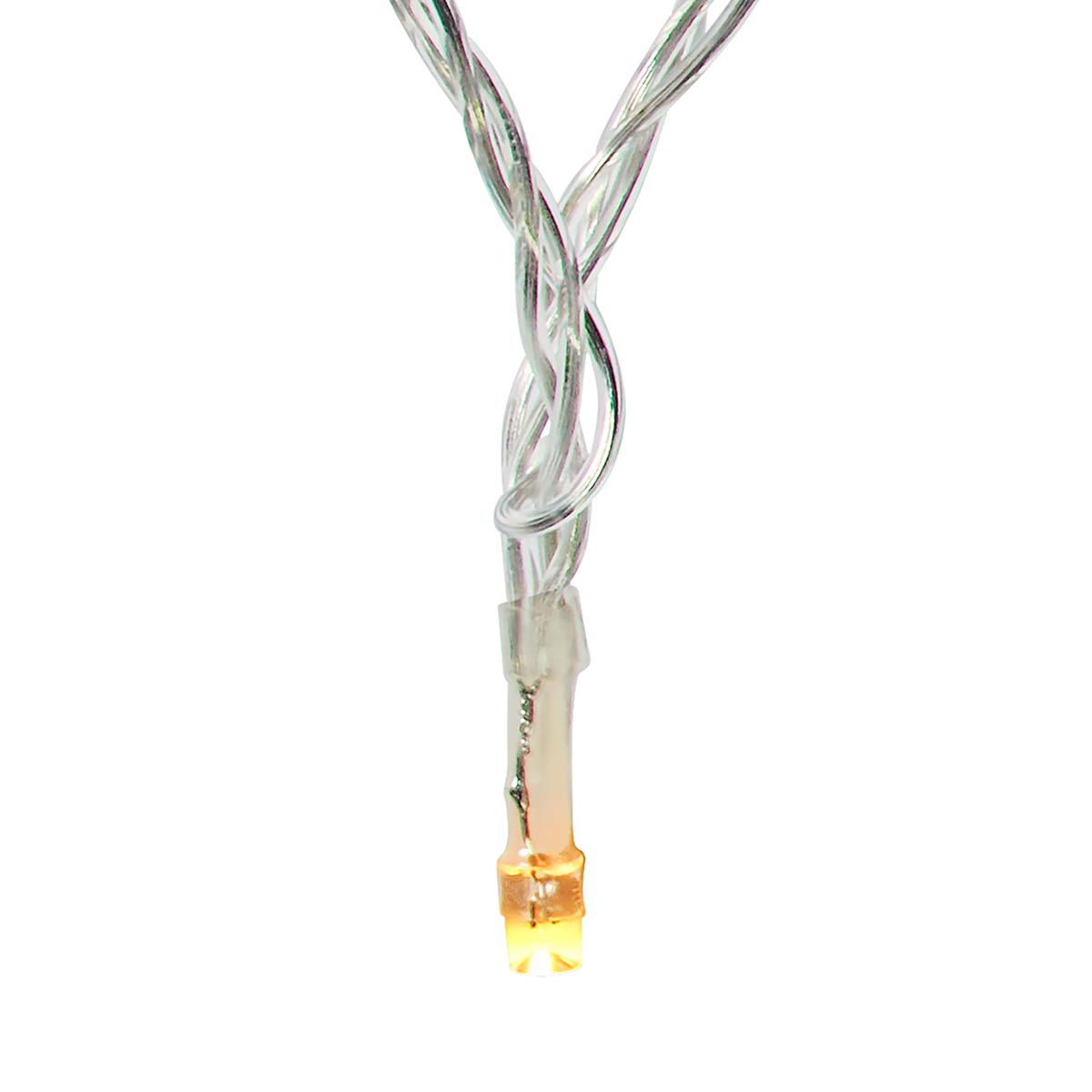 A single LED light on a silver and white wire against a white background.