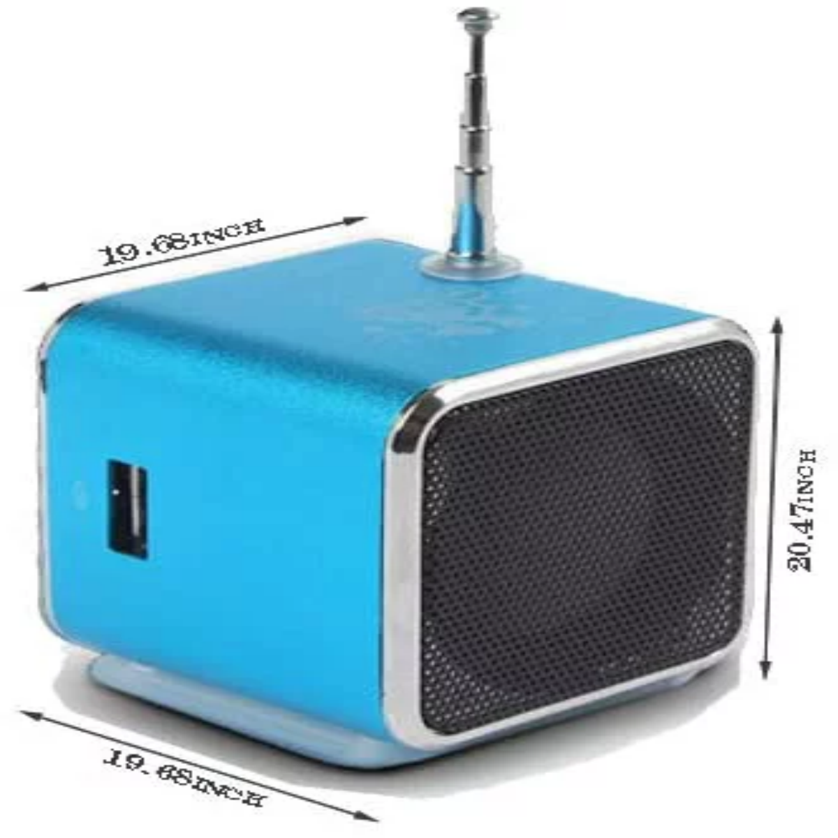 Blau geformter Lautsprecher mit silberner Zierleiste, Antenne und USB-Anschluss.