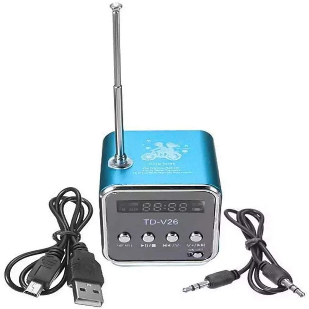 Blaues quadratisches Radio mit Antenne und USB/Audiokabeln. Zeigt die Uhrzeit an.