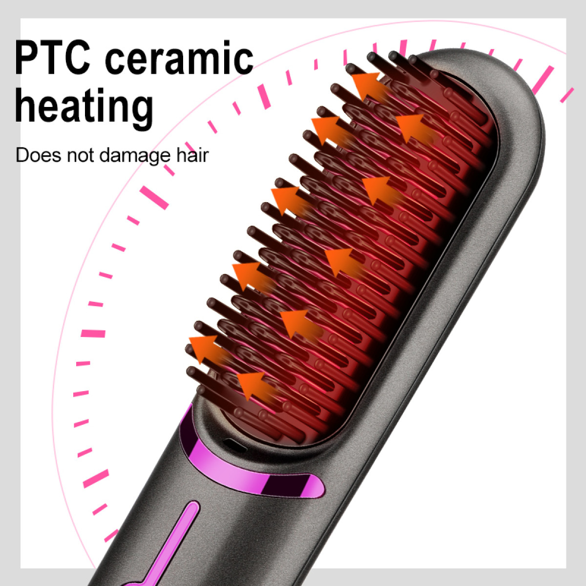 Haarglätter mit roten Heizelementen und orangenen Pfeilen, mit Text 'PTC Keramikheizung'.