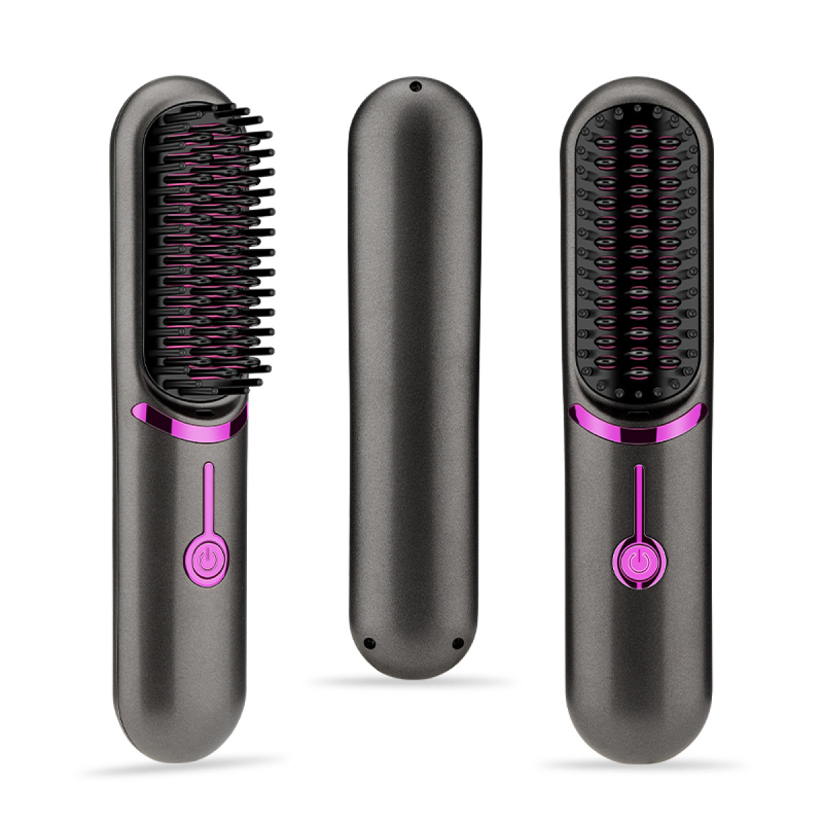 Drei Ansichten einer dunkelgrauen Haarglättungsbürste mit pinkfarbenem Einschaltknopf.