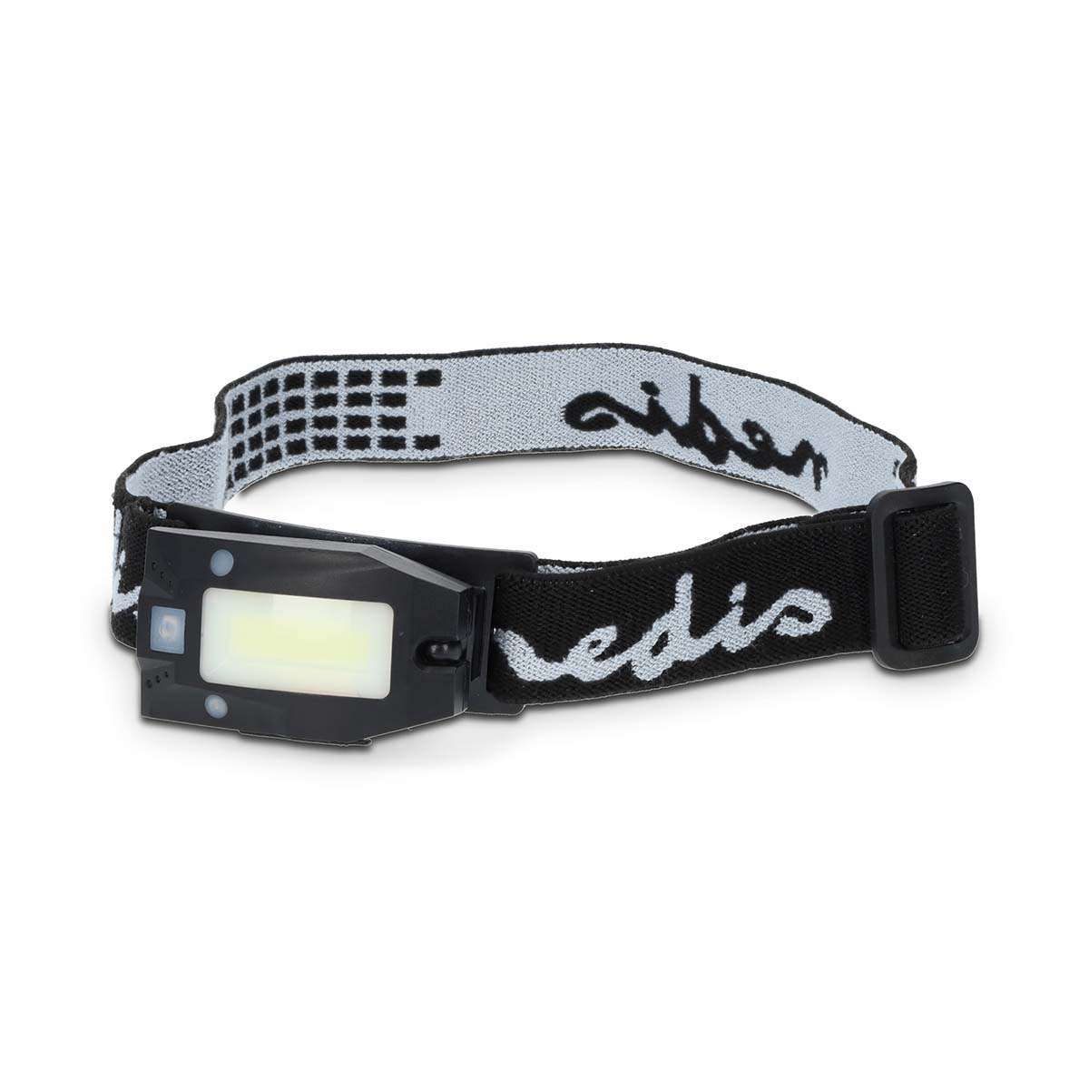 Black headlamp with a white light on a black and white striped band with white text.