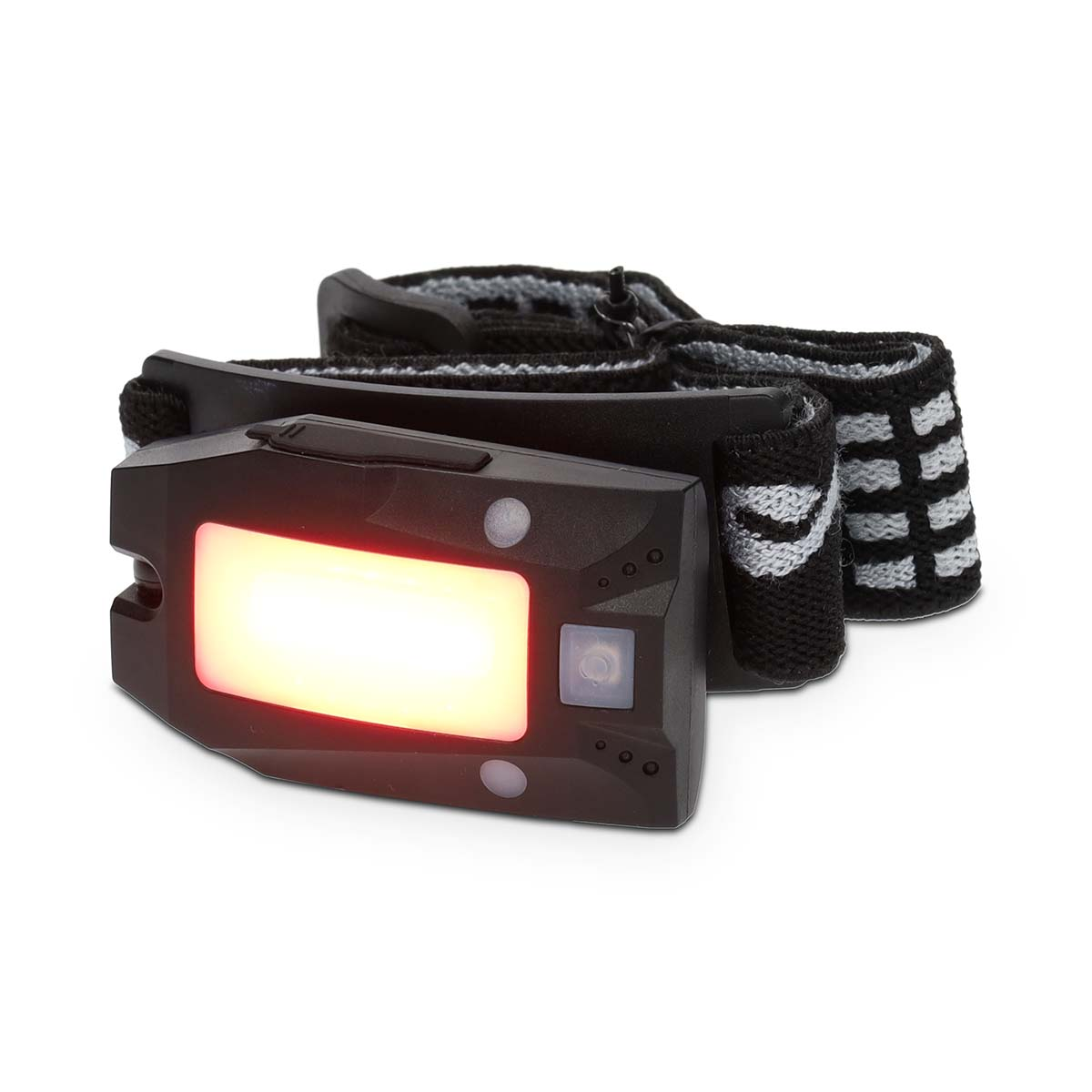 Black headlamp with a bright red light.