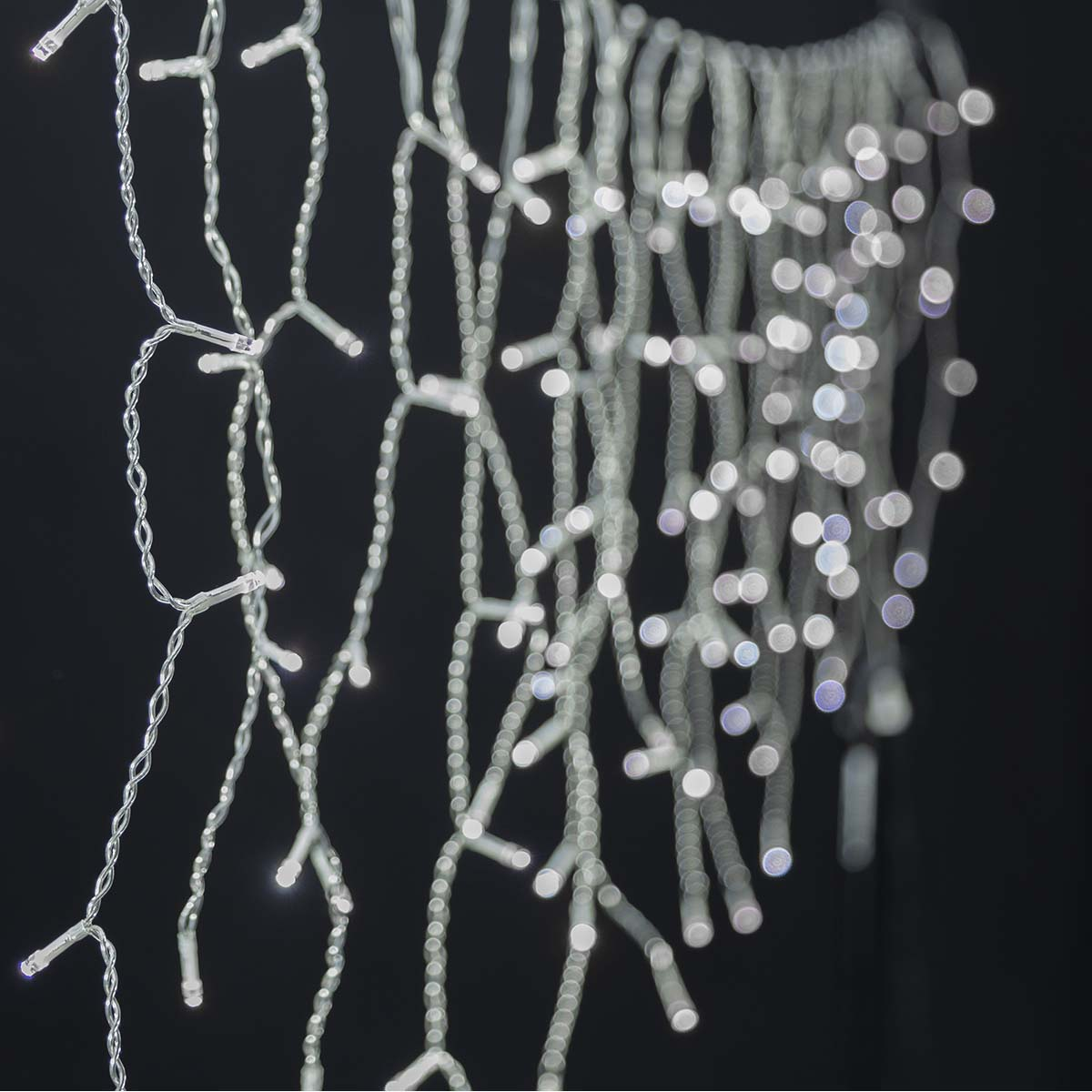 Światła sznurkowe z wieloma małymi białymi światłami na czarnym tle.