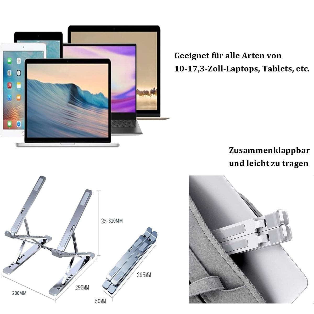 Laptopständer mit Laptops und Tablet. Er ist zusammenklappbar und leicht zu tragen. Abmessungen sind angegeben.
