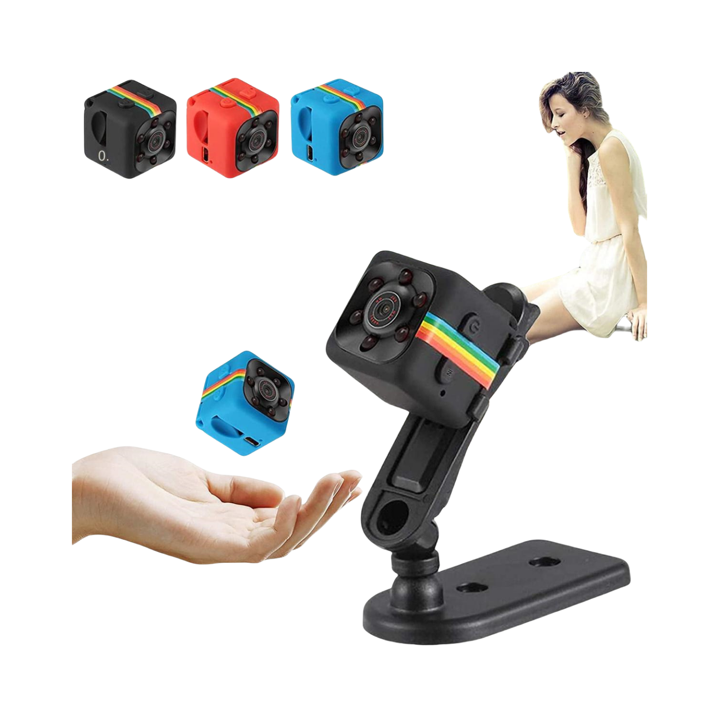 Kleine, bunte Kameras stehen auf einem Ständer, und die Kamera wird von einer Hand gehalten. Es gibt auch eine Frau.